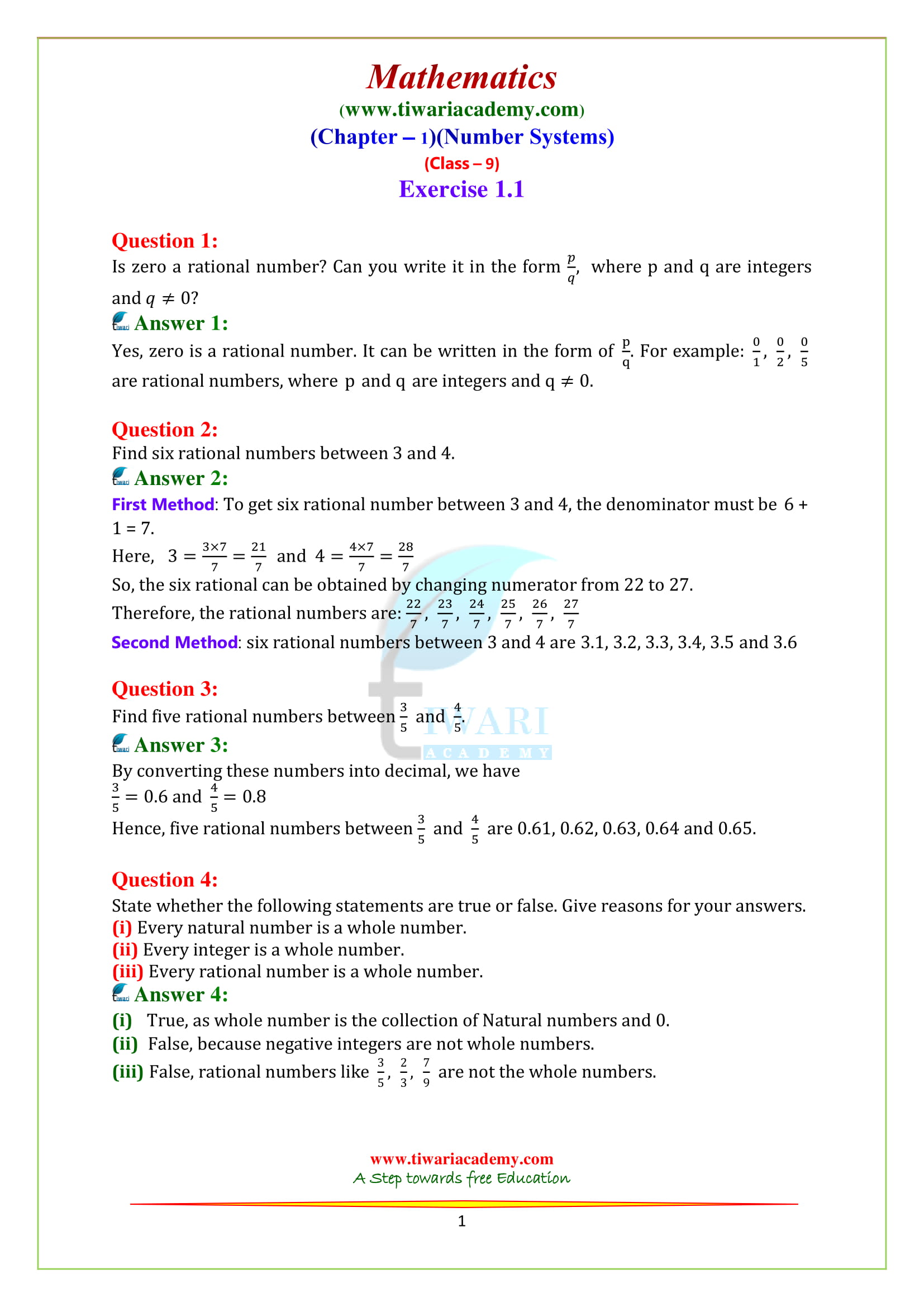 NCERT Solutions Class 9 Chapter 1 Exercise 1.1 Real Numbers