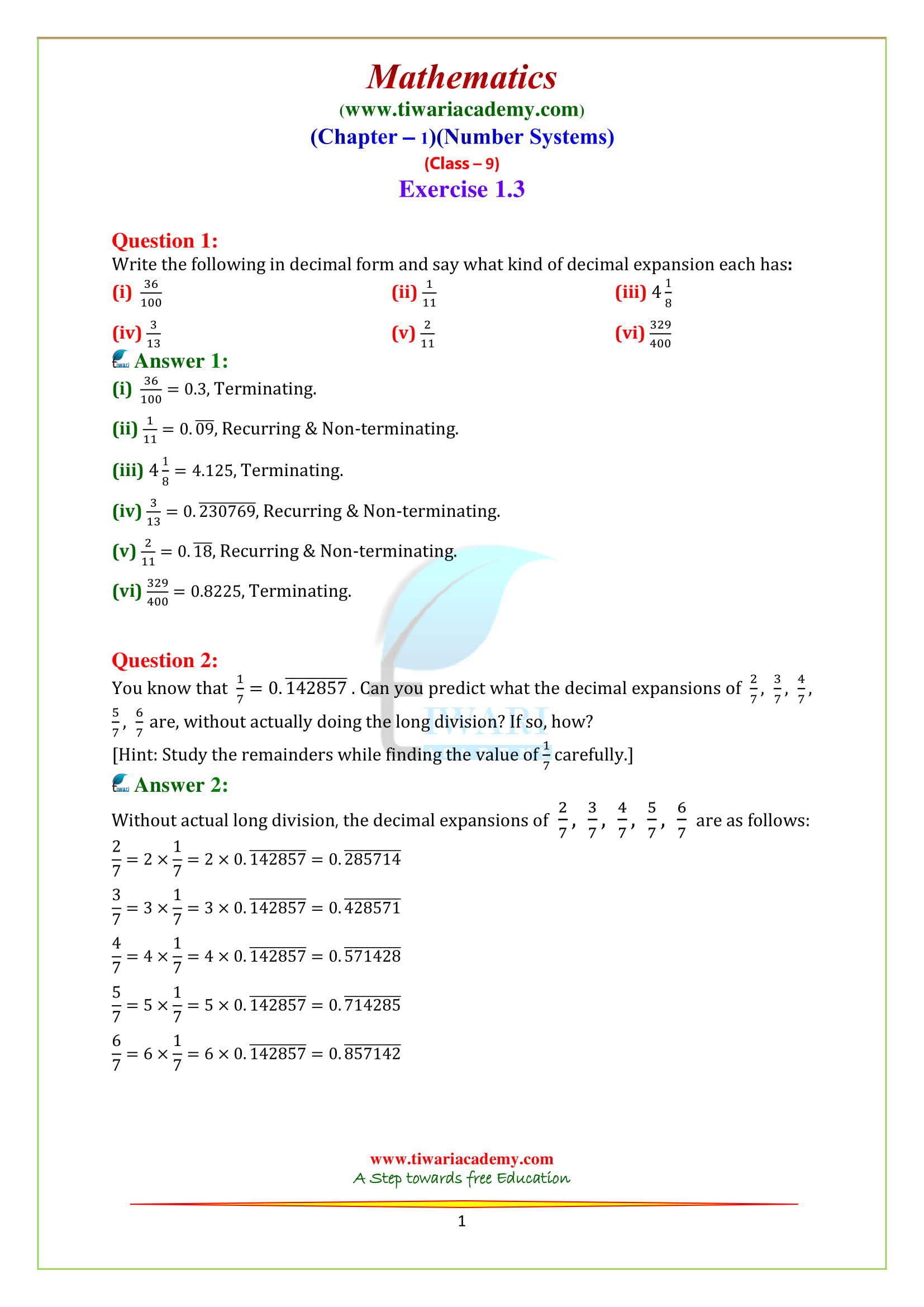 NCERT Solutions for Class 9 Chapter 1 Exercise 1.3