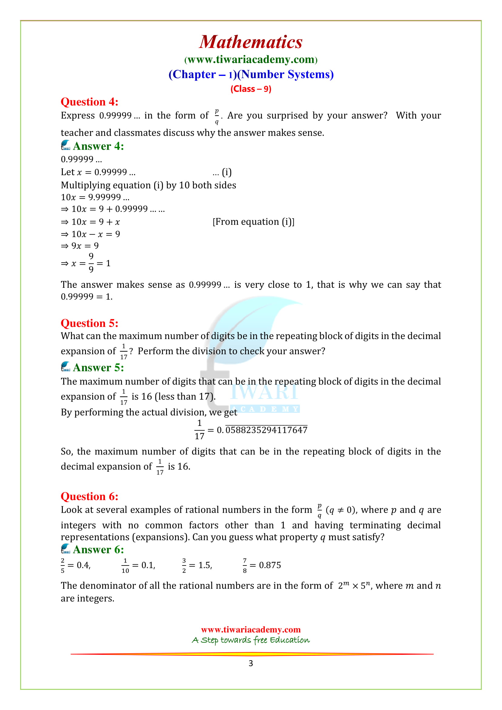 NCERT Solutions for Class 9 Chapter 1 Exercise 1.3 Real numbers