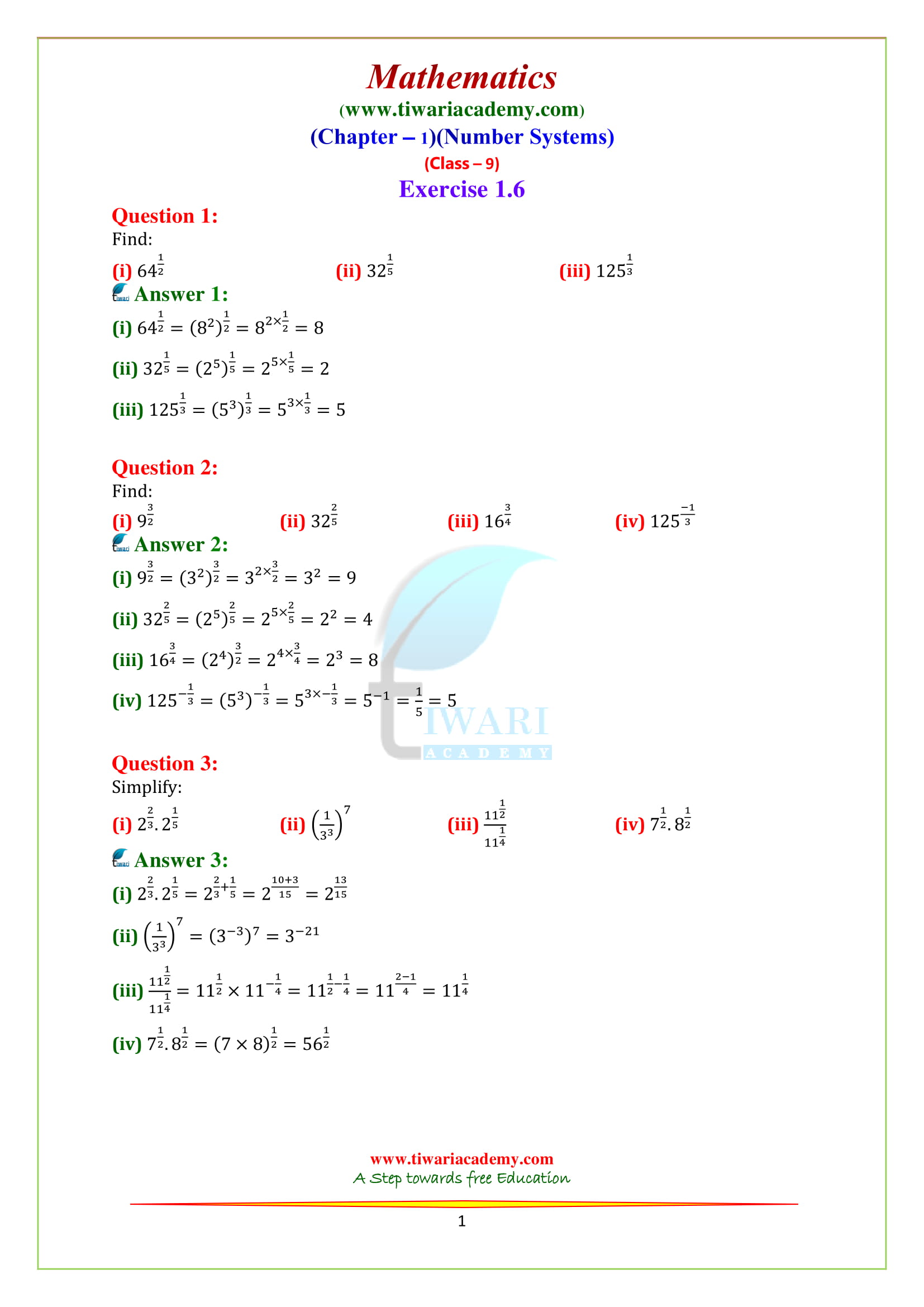 NCERT Solutions for Class 9 Maths Chapter 1 Exercise 1.6 English Medium