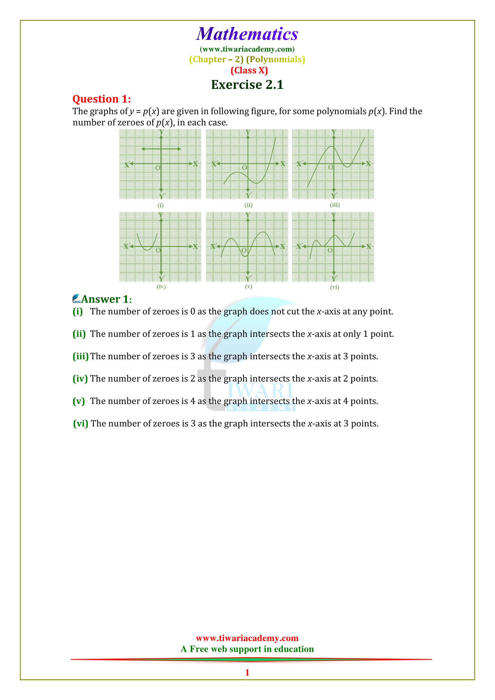 NCERT Solutions for class 10 Maths Chapter 2 Exercise 2.1 Polynomials