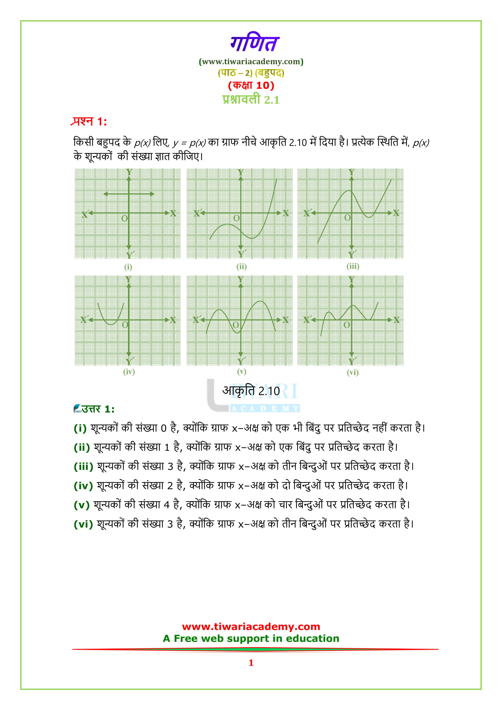 NCERT Solutions for class 10 Maths Chapter 2 Exercise 2.1 Polynomials in hindi
