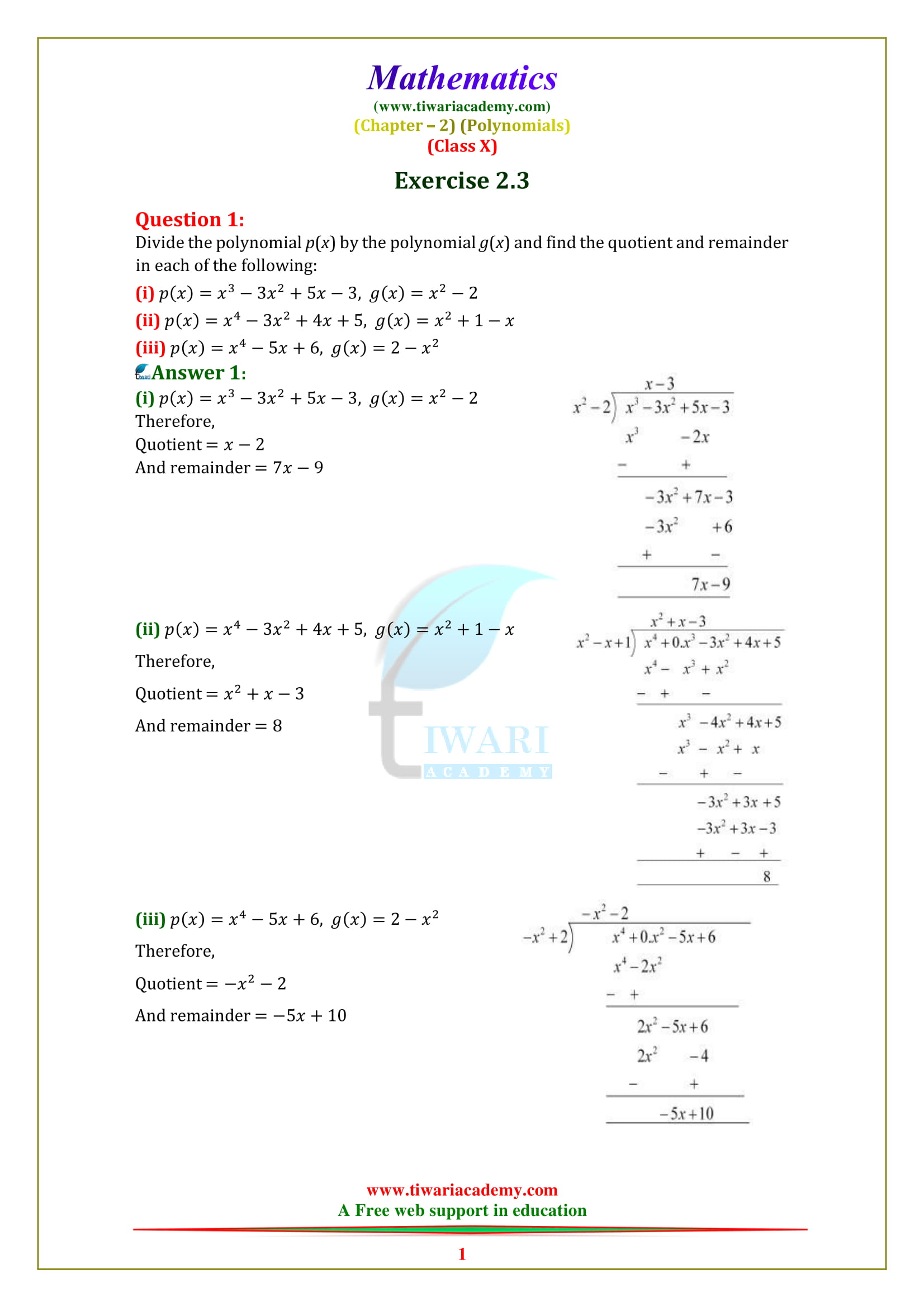 NCERT Solutions for class 10 Maths Chapter 2 Exercise 2.3