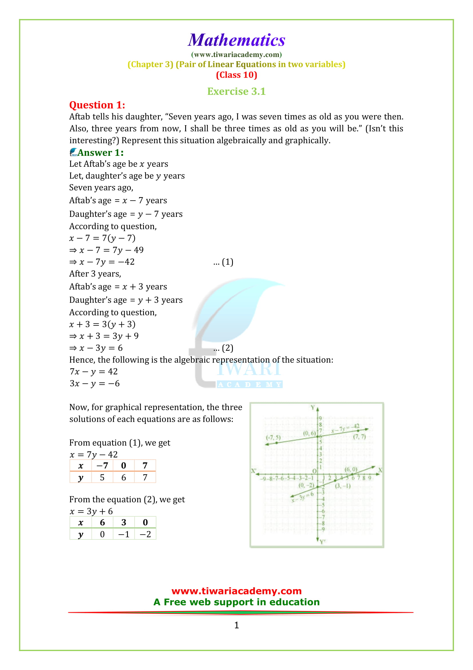 NCERT Solutions for class 10 Maths Chapter 3 Exercise 3.1 PDF