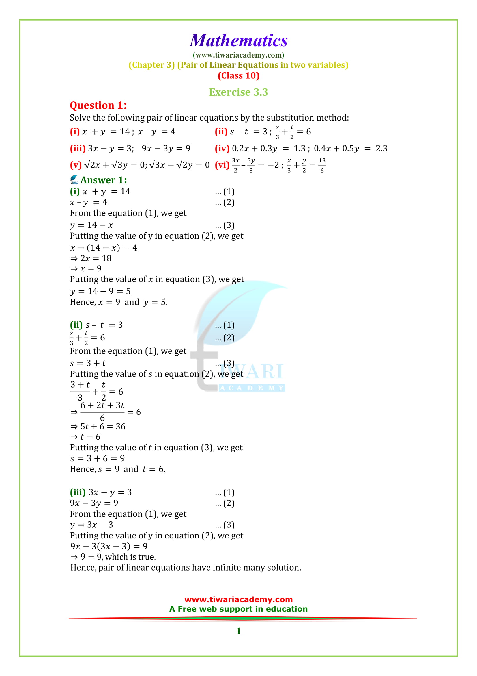 NCERT Solutions for class 10 Maths Chapter 3 Exercise 3.3 in English medium