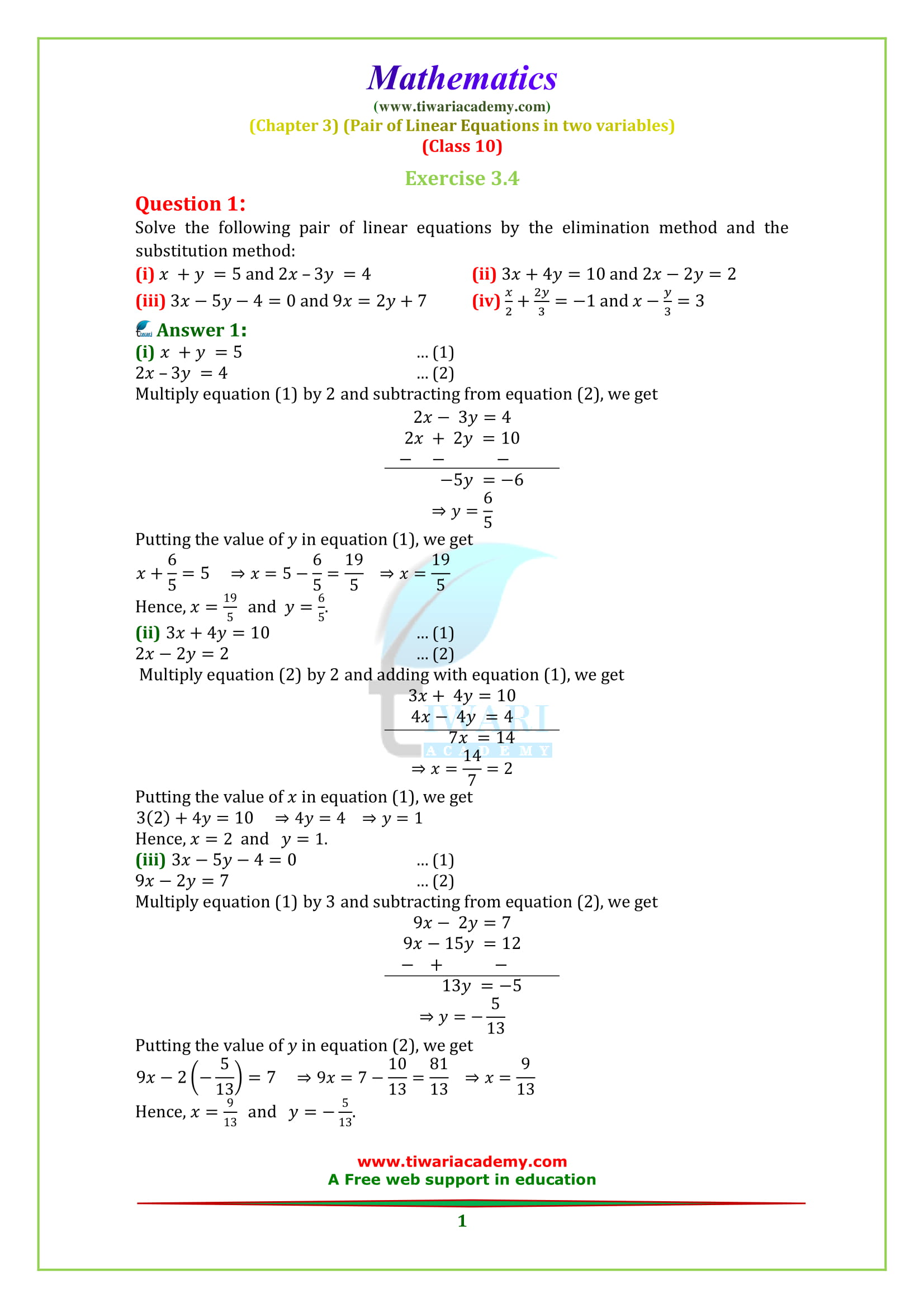 NCERT Solutions for class 10 Maths Chapter 3 Exercise 3.4 in English medium