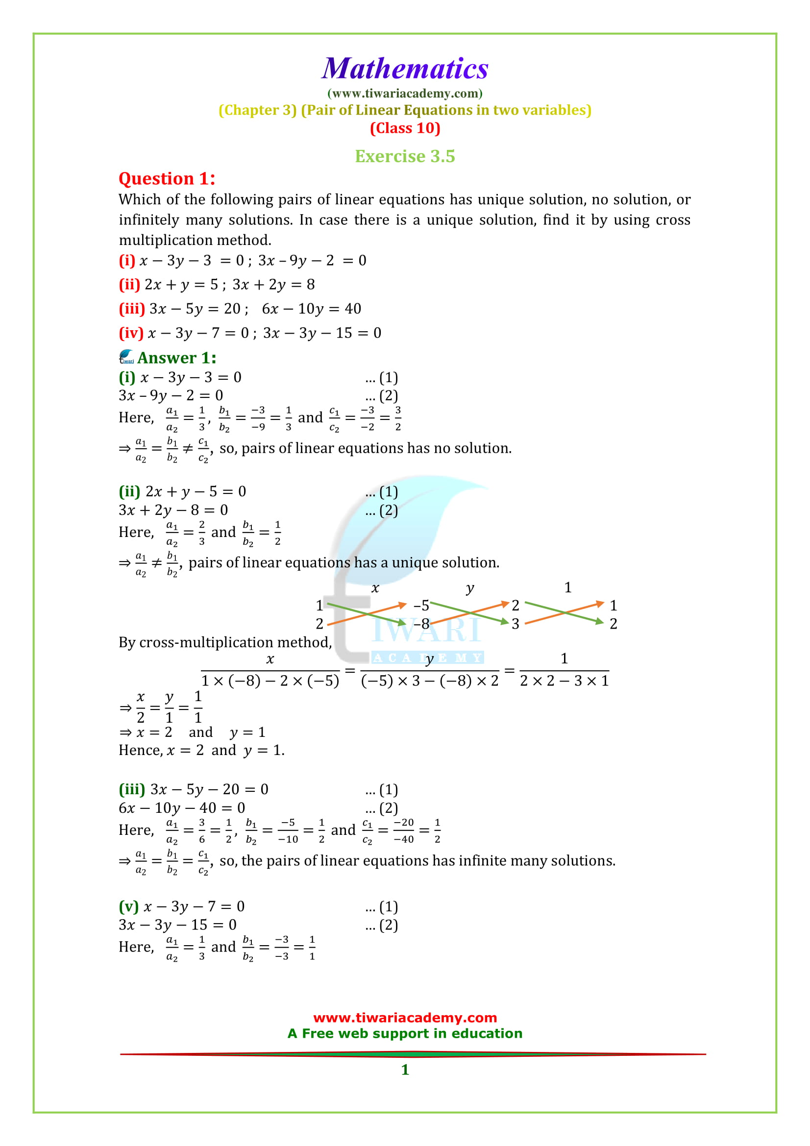 NCERT Solutions for class 10 Maths Chapter 3 Exercise 3.5 in English medium
