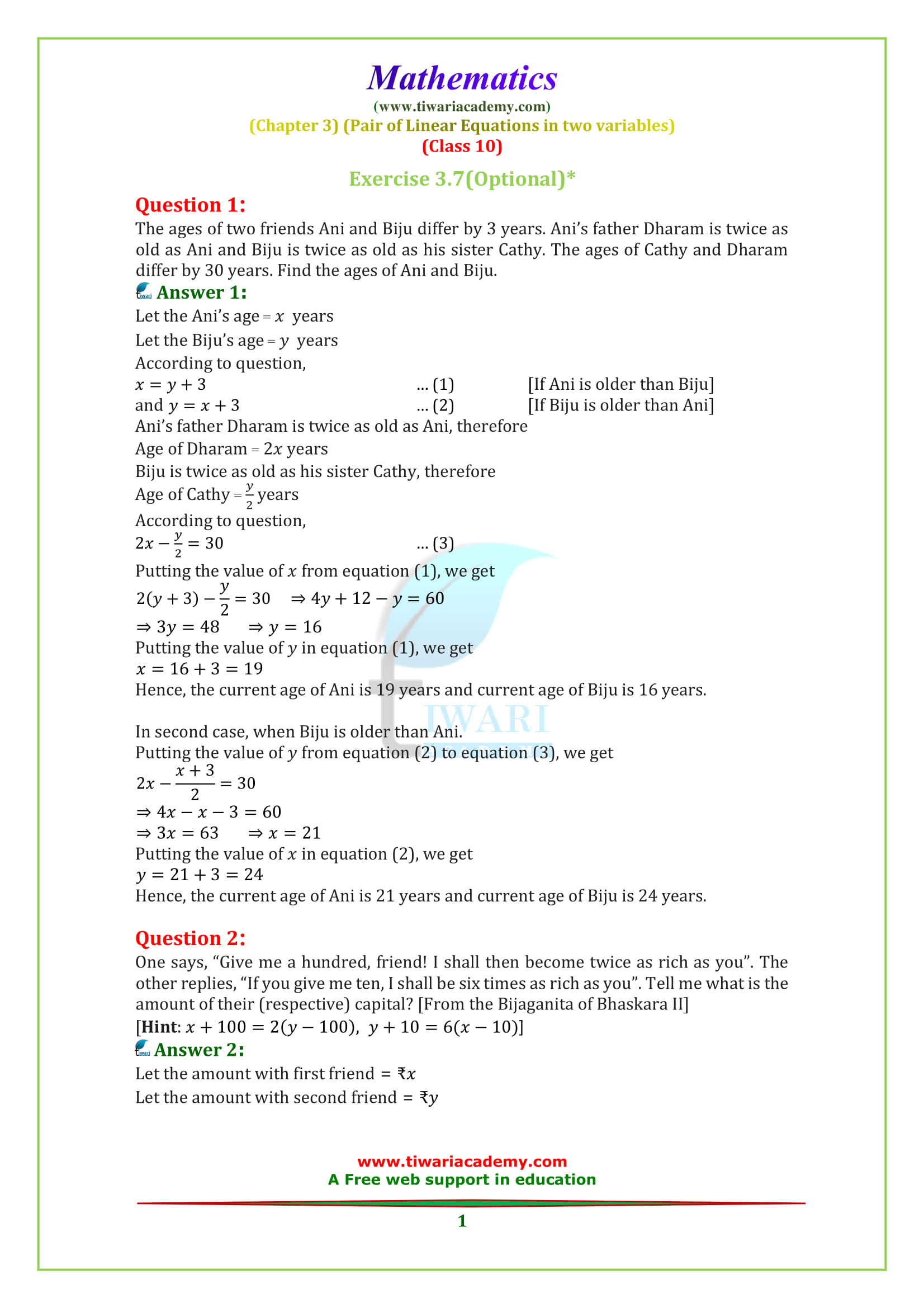 NCERT Solutions for class 10 Maths Chapter 3 Exercise 3.7 in English