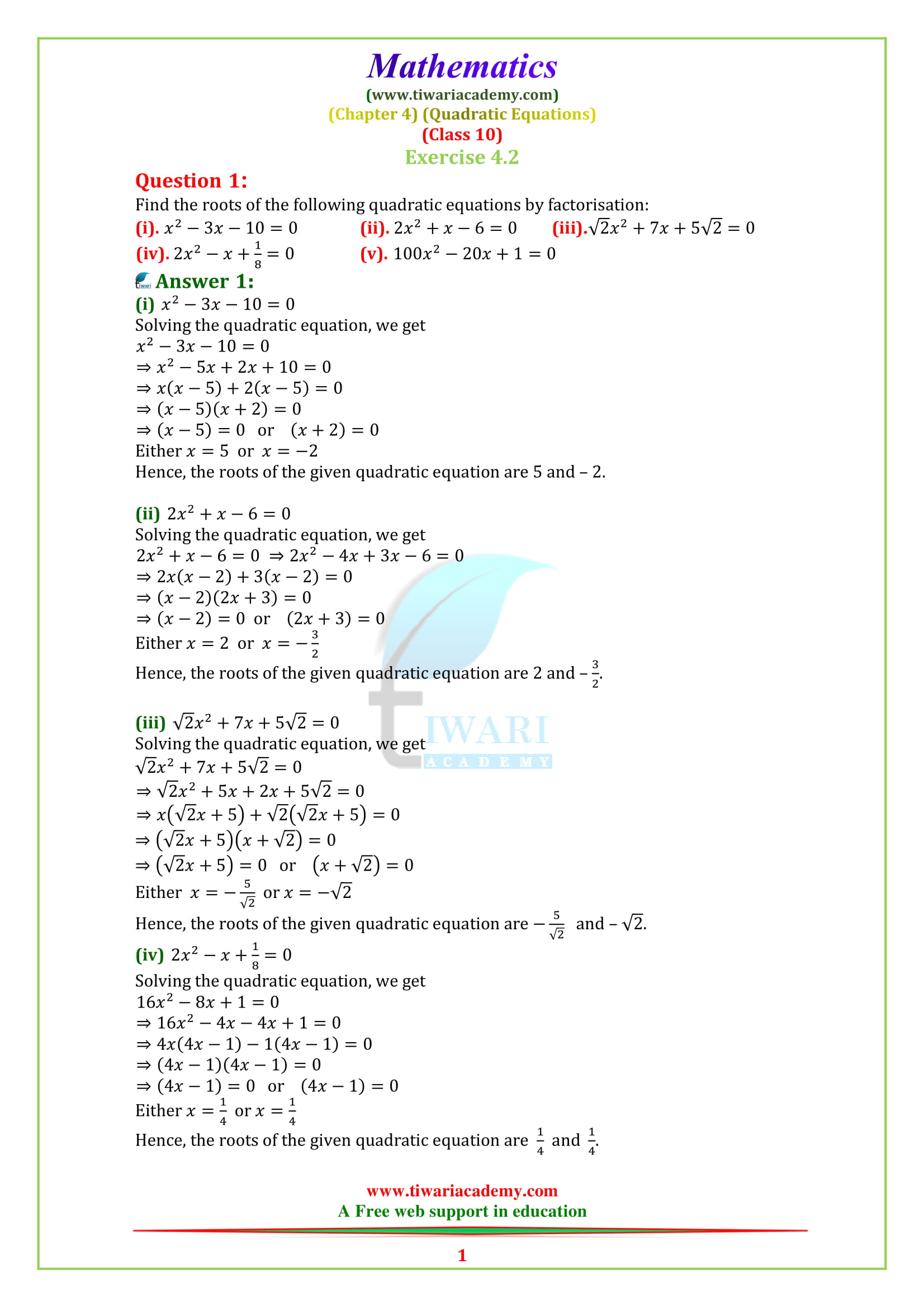 NCERT Solutions for Class 10 Maths Chapter 4 Exercise 4.2 Quadratic Equations