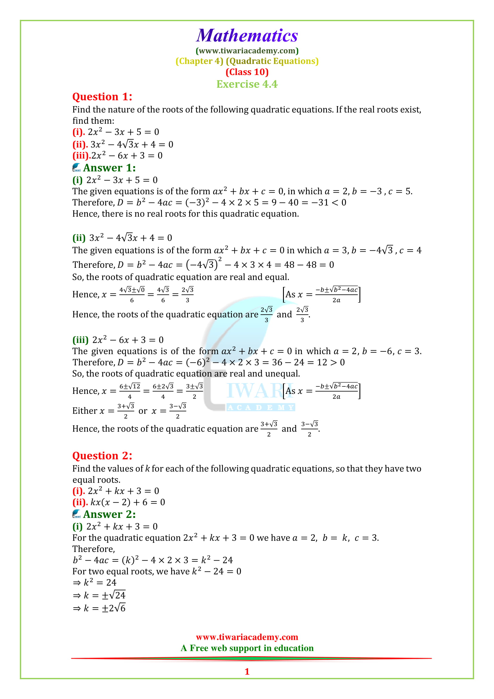 NCERT Solutions for Class 10 Maths Chapter 4 Exercise 4.4 Quadratic Equations