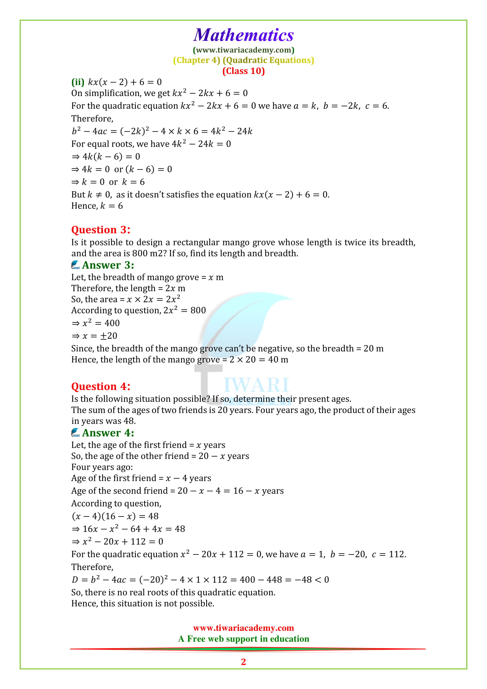 NCERT Solutions for Class 10 Maths Chapter 4 Exercise 4.4 Quadratic Equations English medium