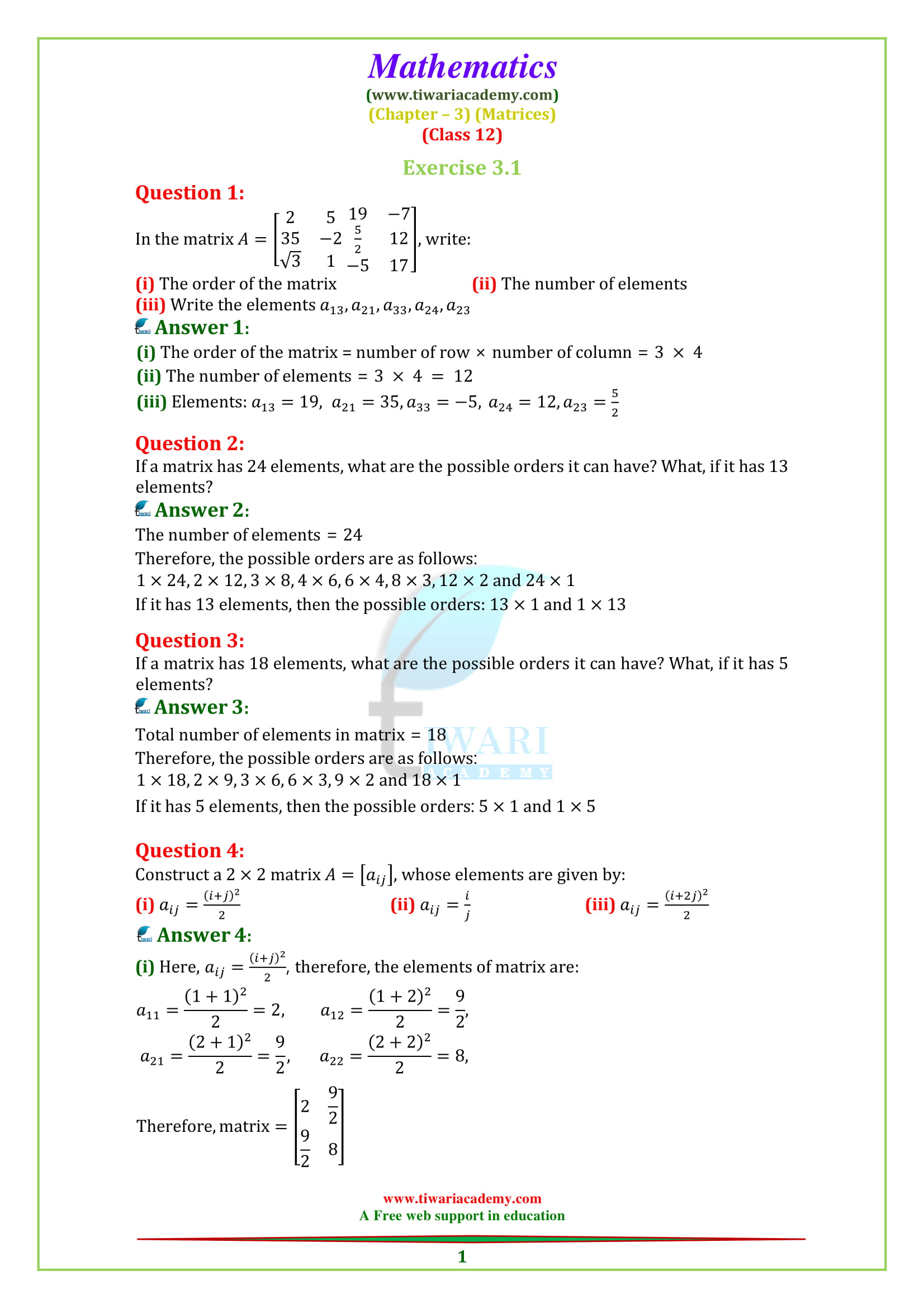 NCERT Solutions for Class 12 Maths Chapter 3 Exercise 3.1 Matrices