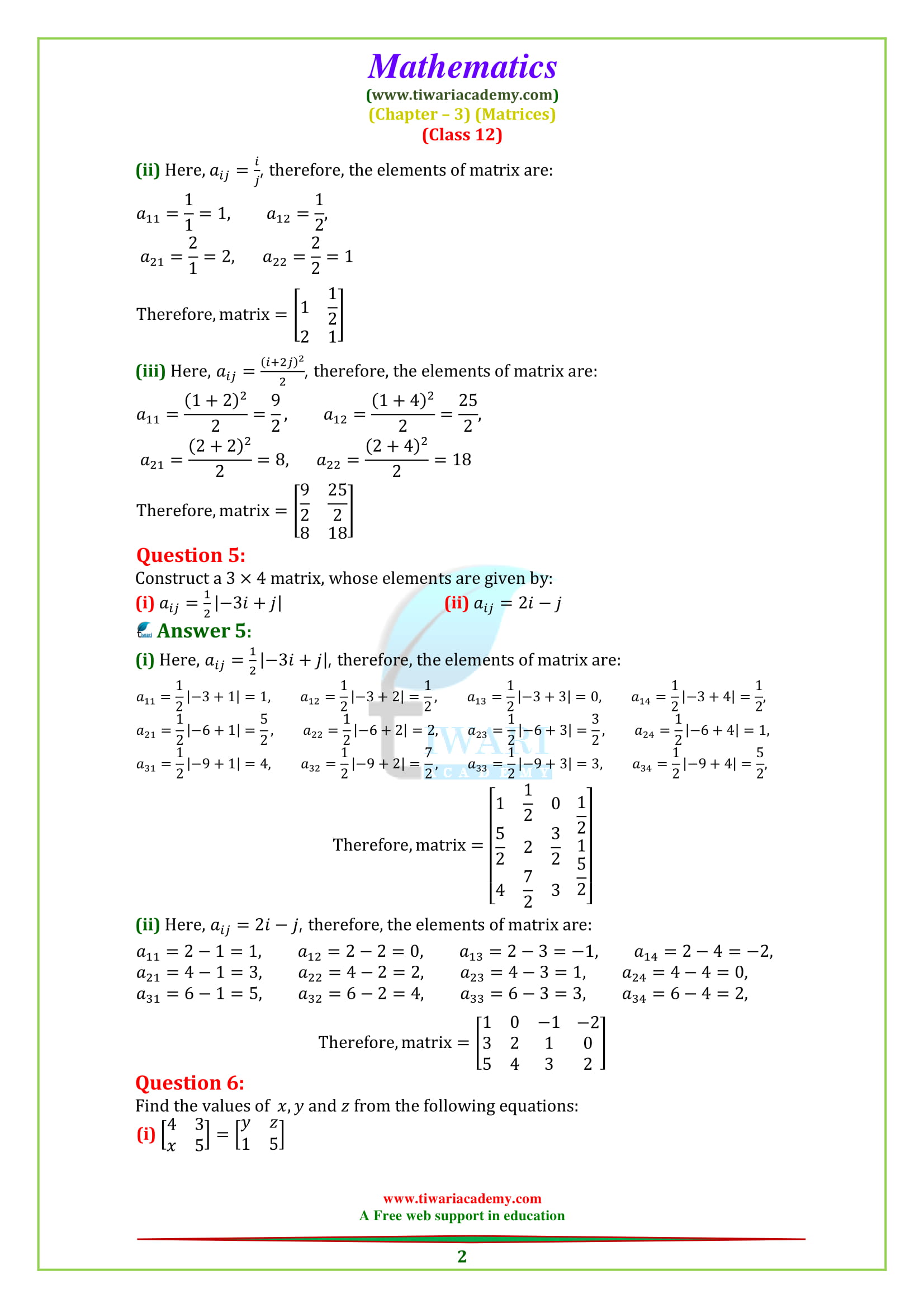 NCERT Solutions for Class 12 Maths Chapter 3 Exercise 3.1 Matrices PDF