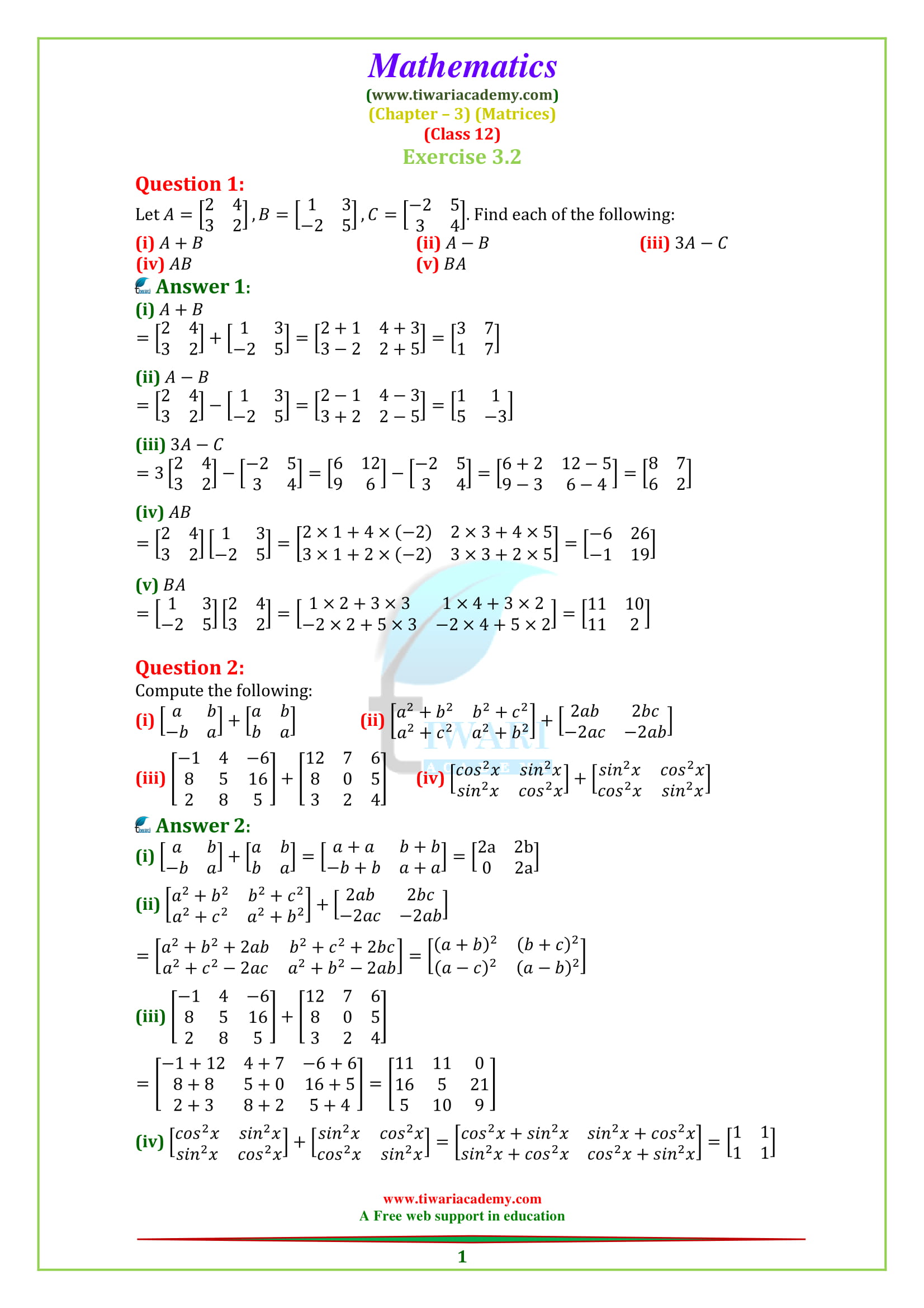 NCERT Solutions for Class 12 Maths Chapter 3 Exercise 3.2
