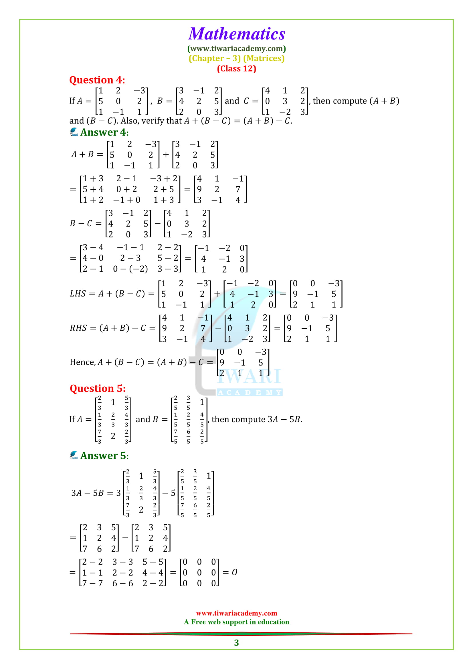 NCERT Solutions for Class 12 Maths Chapter 3 Exercise 3.2 Matrices in PDF