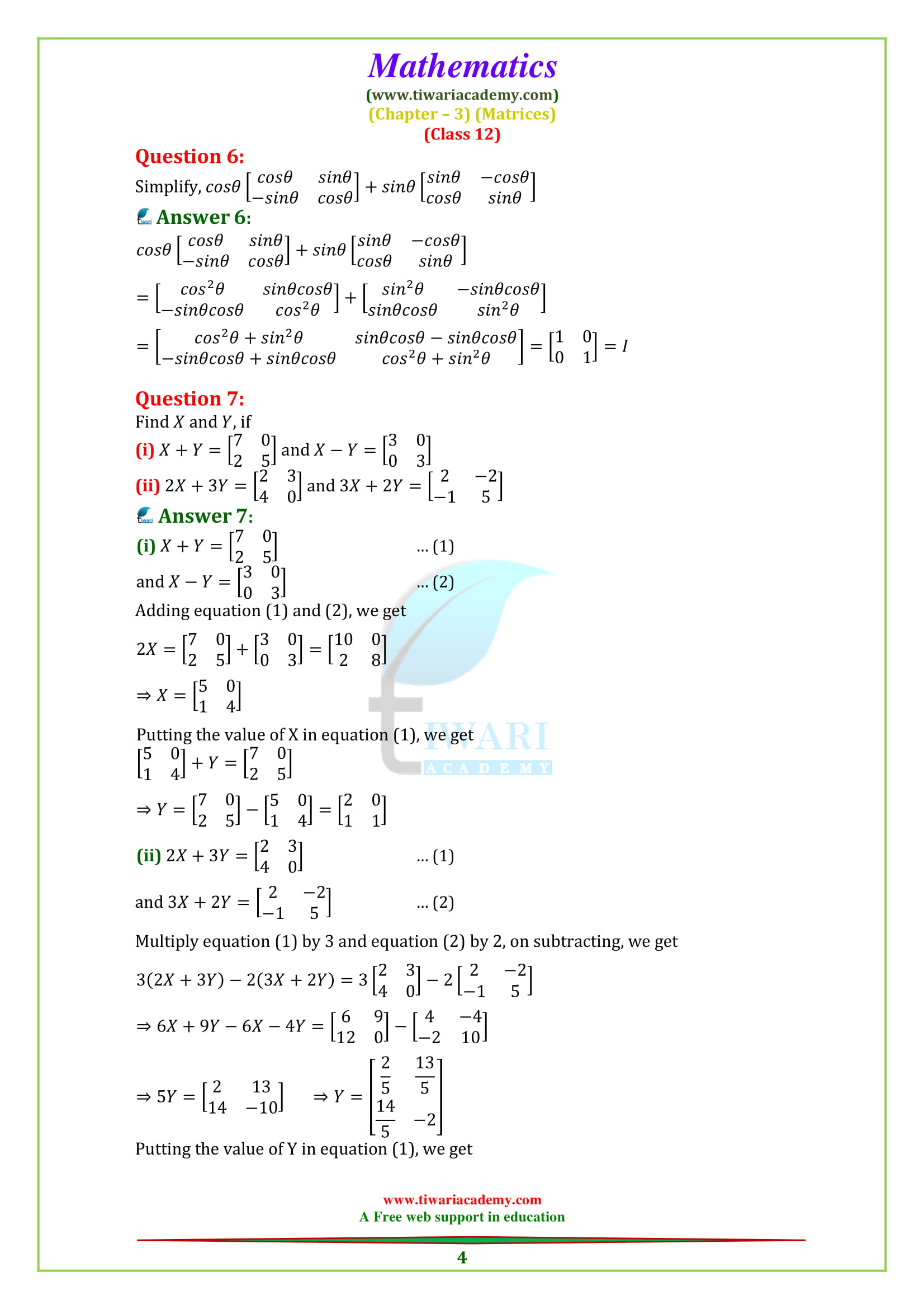 NCERT Solutions for Class 12 Maths Chapter 3 Exercise 3.2 matrices free to download