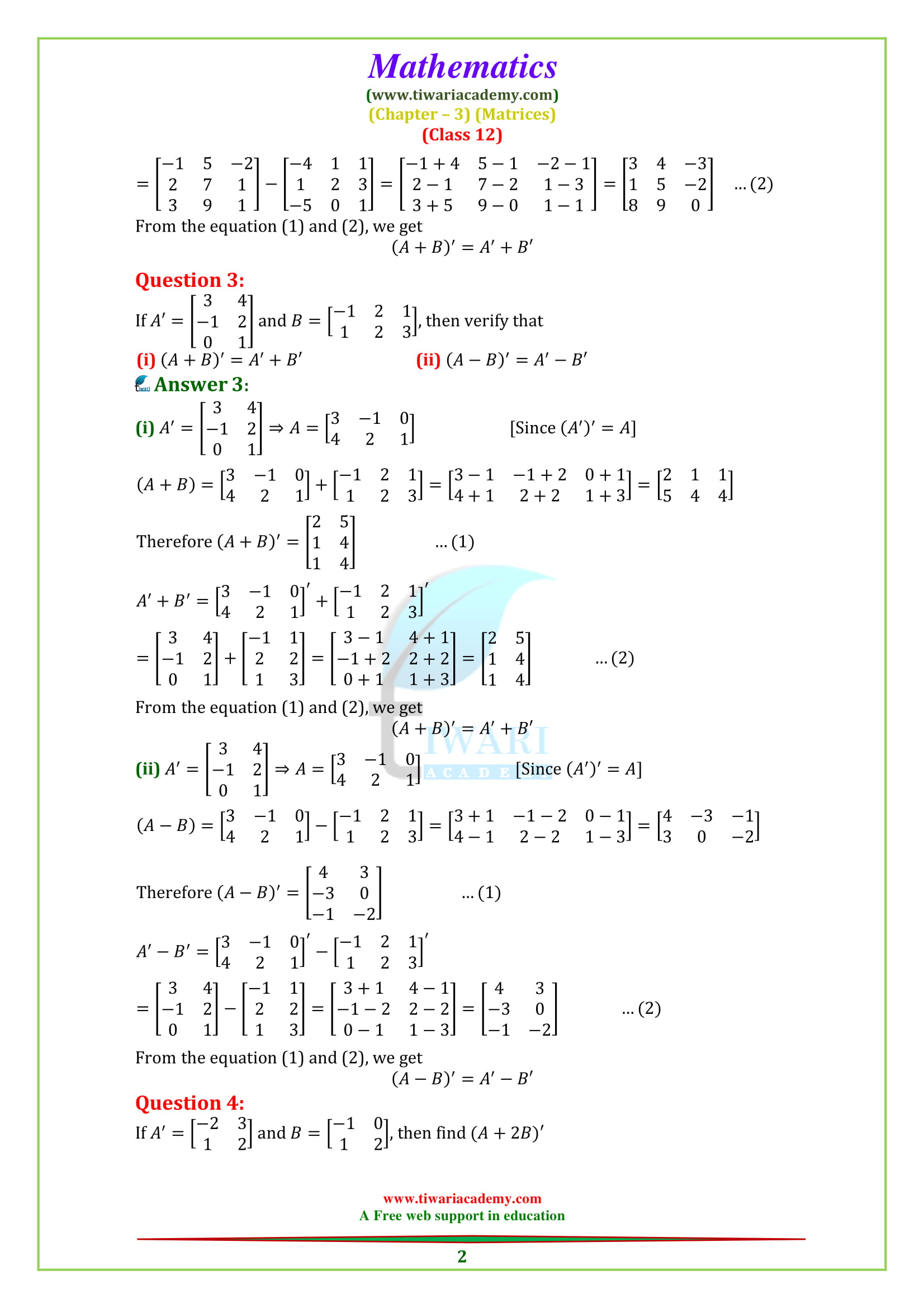 NCERT Solutions for Class 12 Maths Chapter 3 Exercise 3.3 in PDF