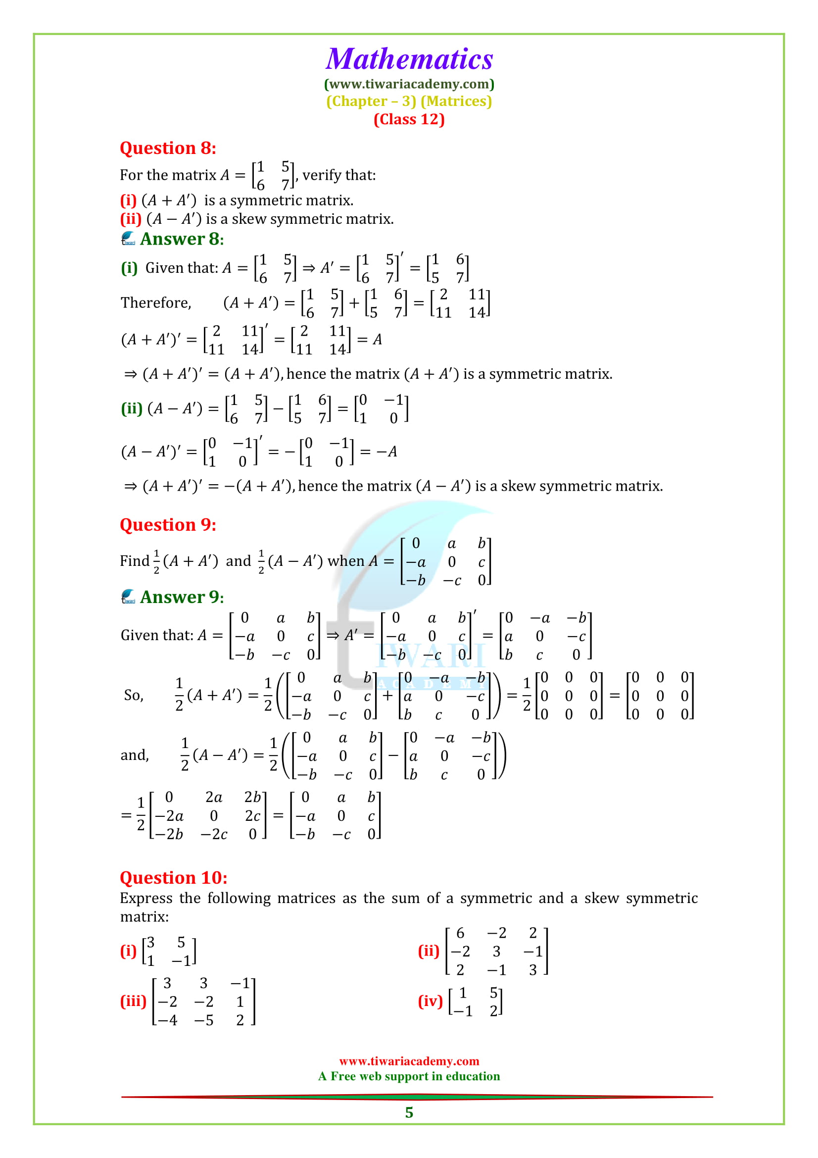 NCERT Solutions for Class 12 Maths Chapter 3 Exercise 3.3 Matrices