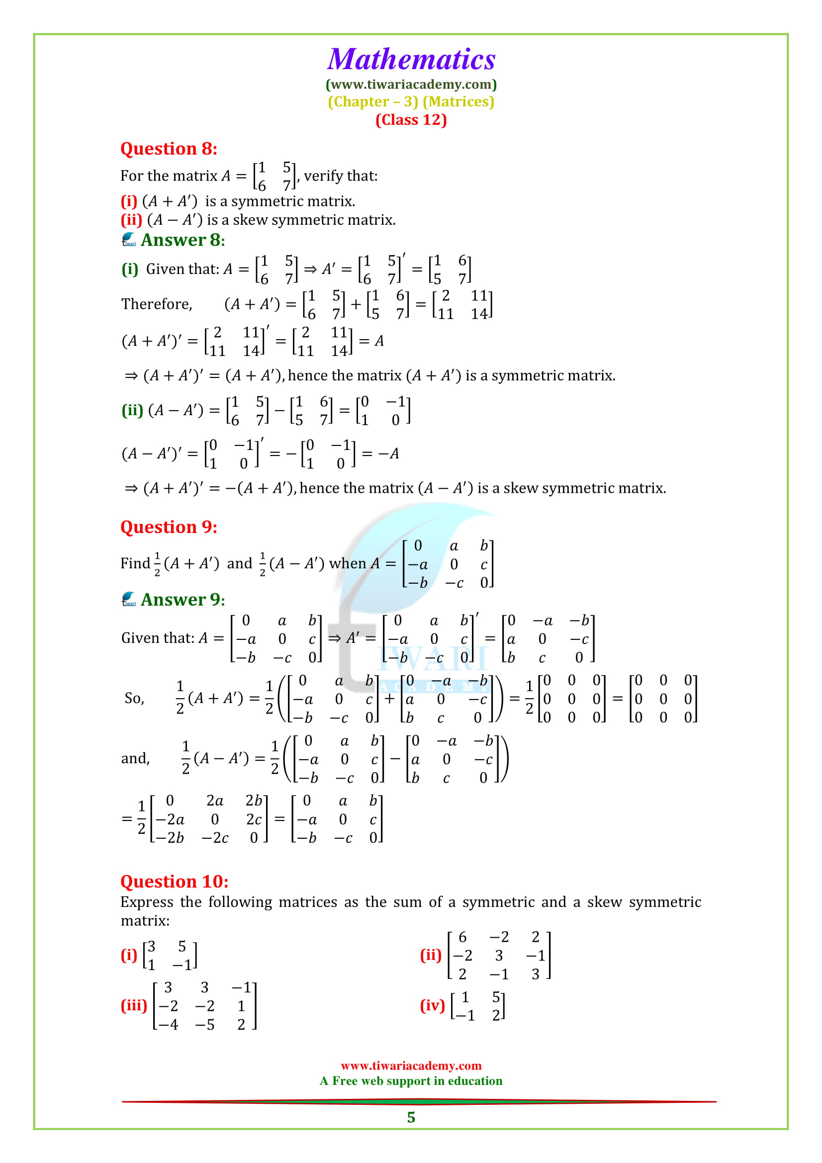 NCERT Solutions for Class 12 Maths Chapter 3 Exercise 3.3 Matrices Question-Answers in English