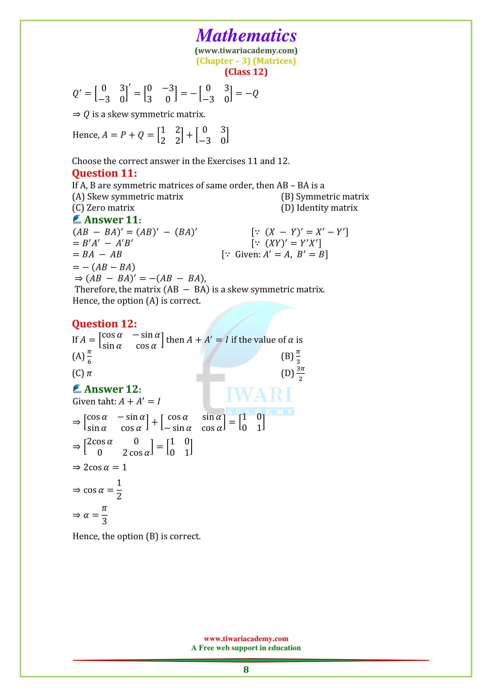 Class 12 Maths chapter 3 exercise 3.3 in English Medium
