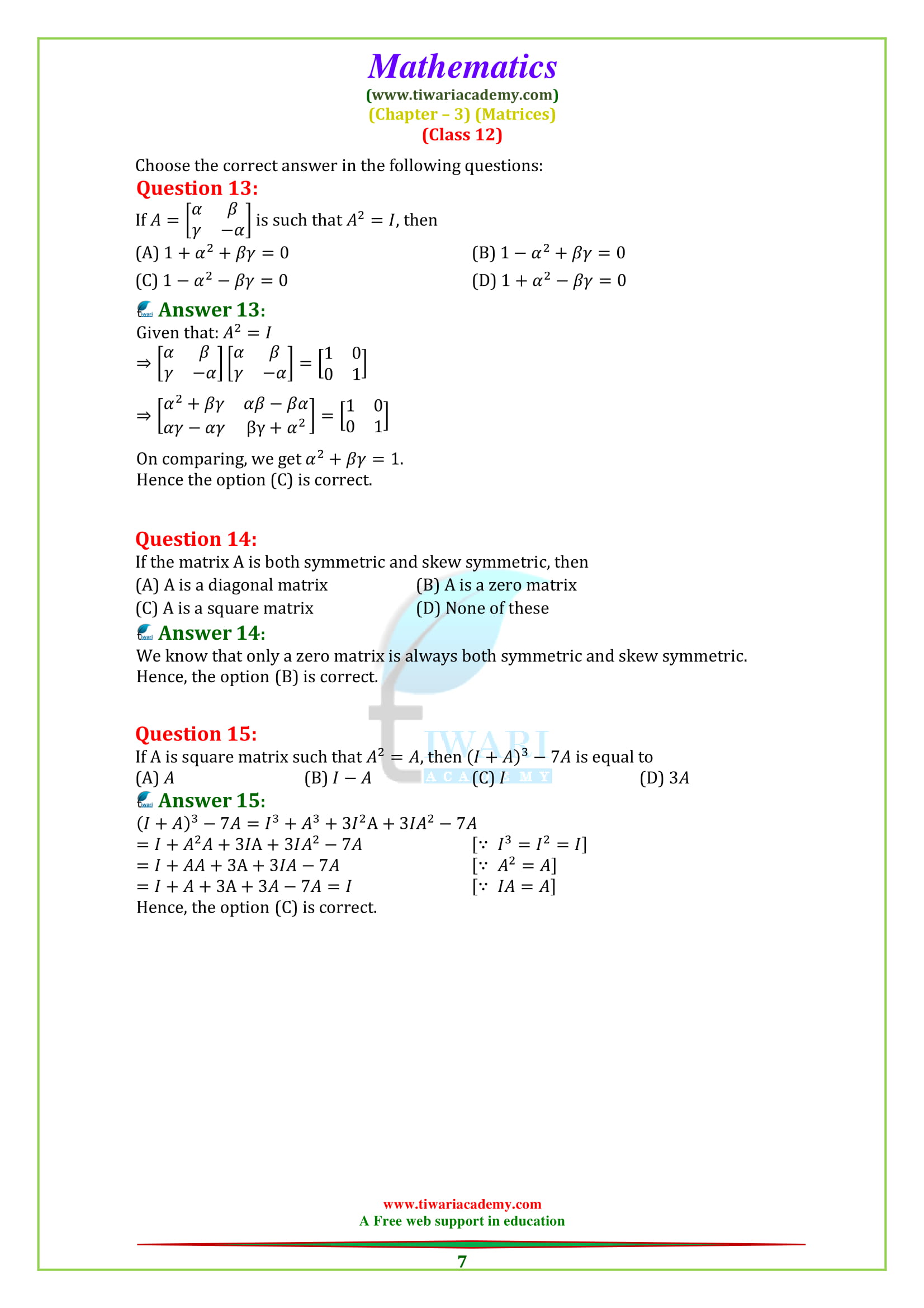 Class 12 Maths Chapter 3 Miscellaneous Exercise 3 Matrices Solutions Questions 9, 10, 11, 12, 13