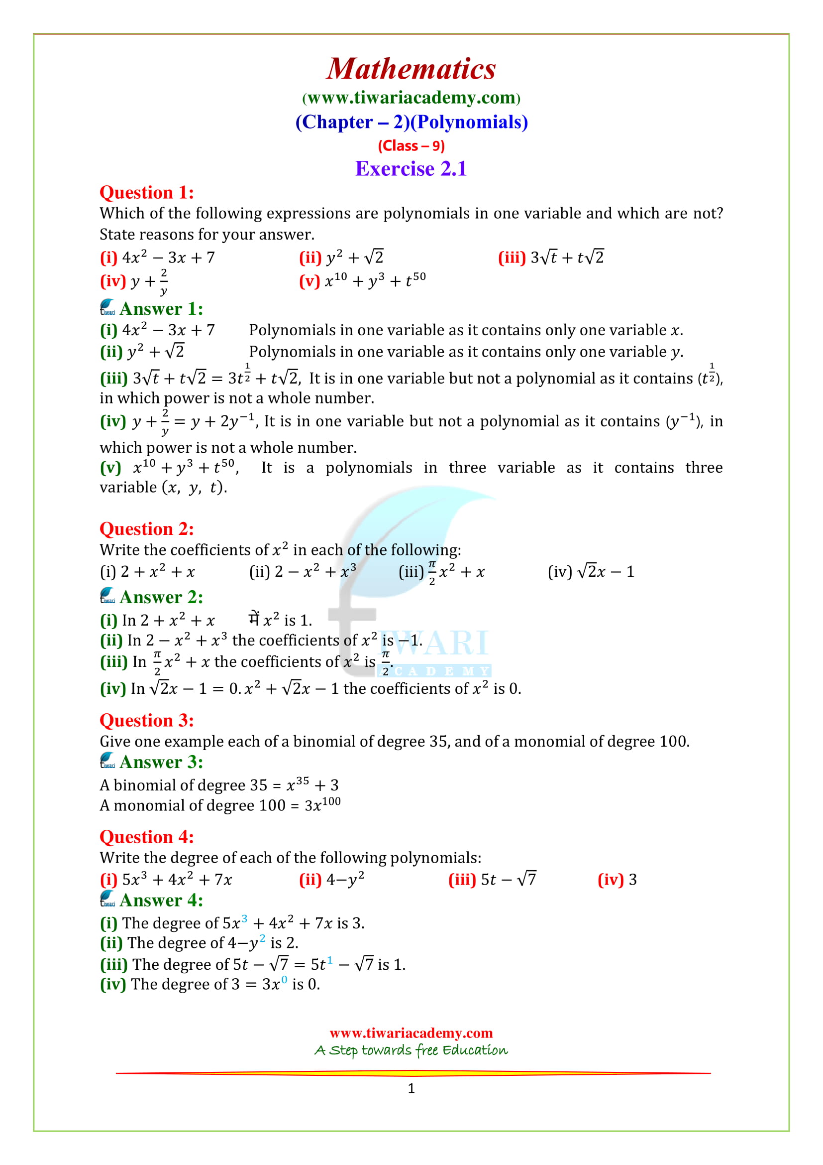 NCERT Solutions for Class 9 Maths Chapter 2 Exercise 2.1 Polynomials