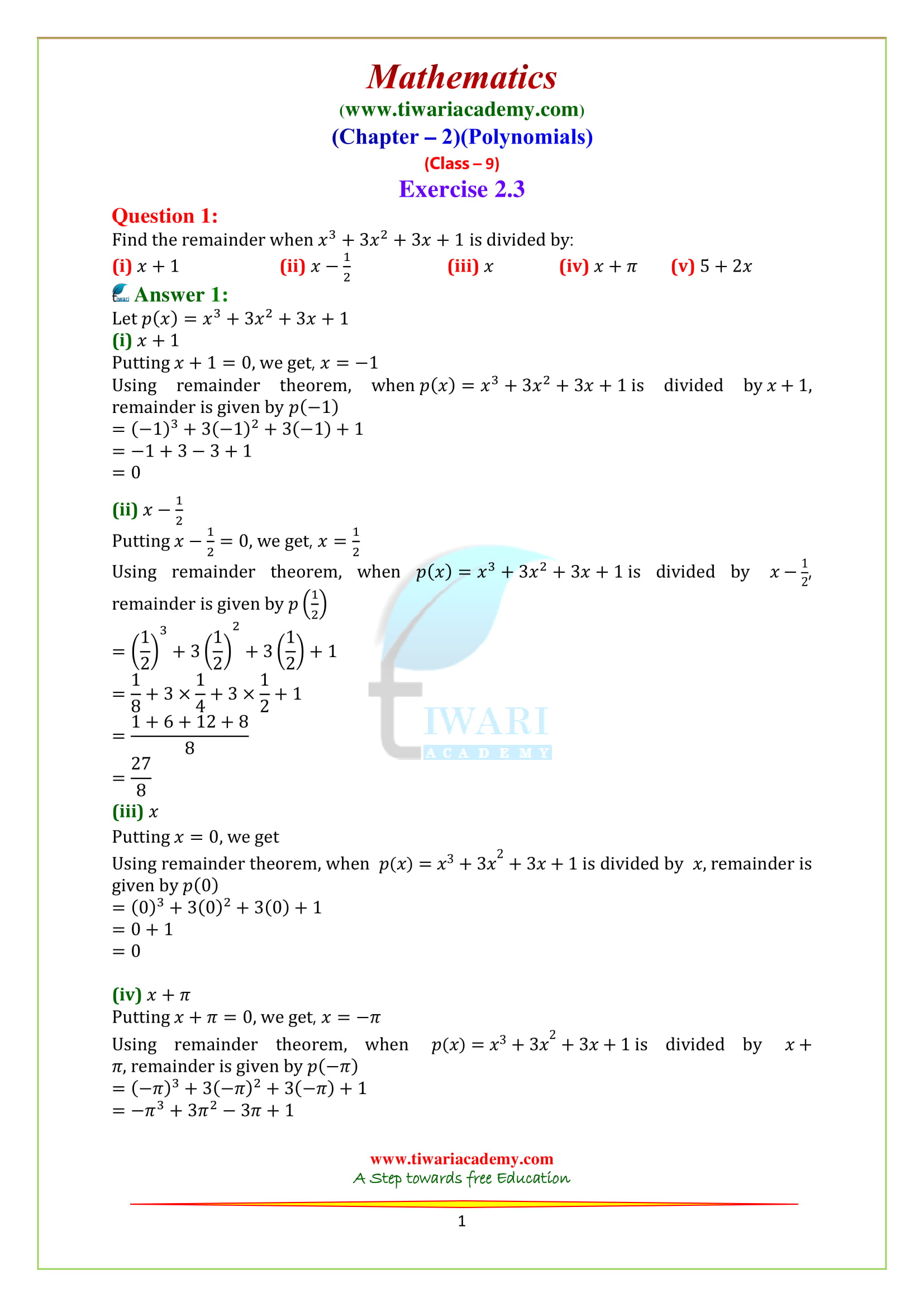 NCERT Solutions for class 9 Maths chapter 2 exercise 2.3 Polynomials