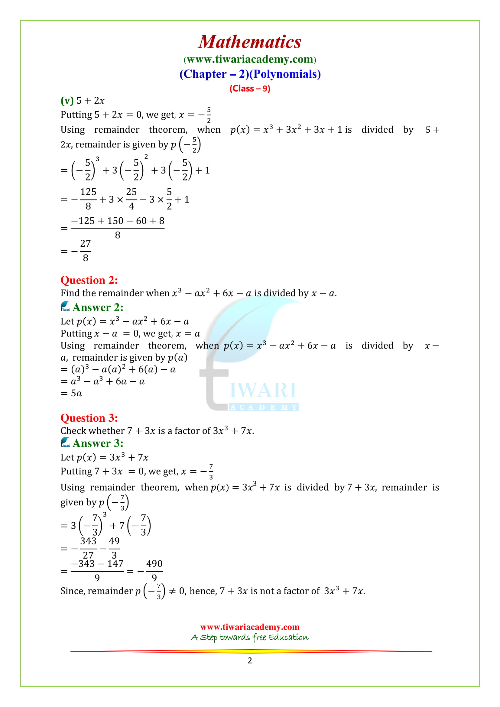 NCERT Solutions for class 9 Maths chapter 2 exercise 2.3 Polynomials English medium