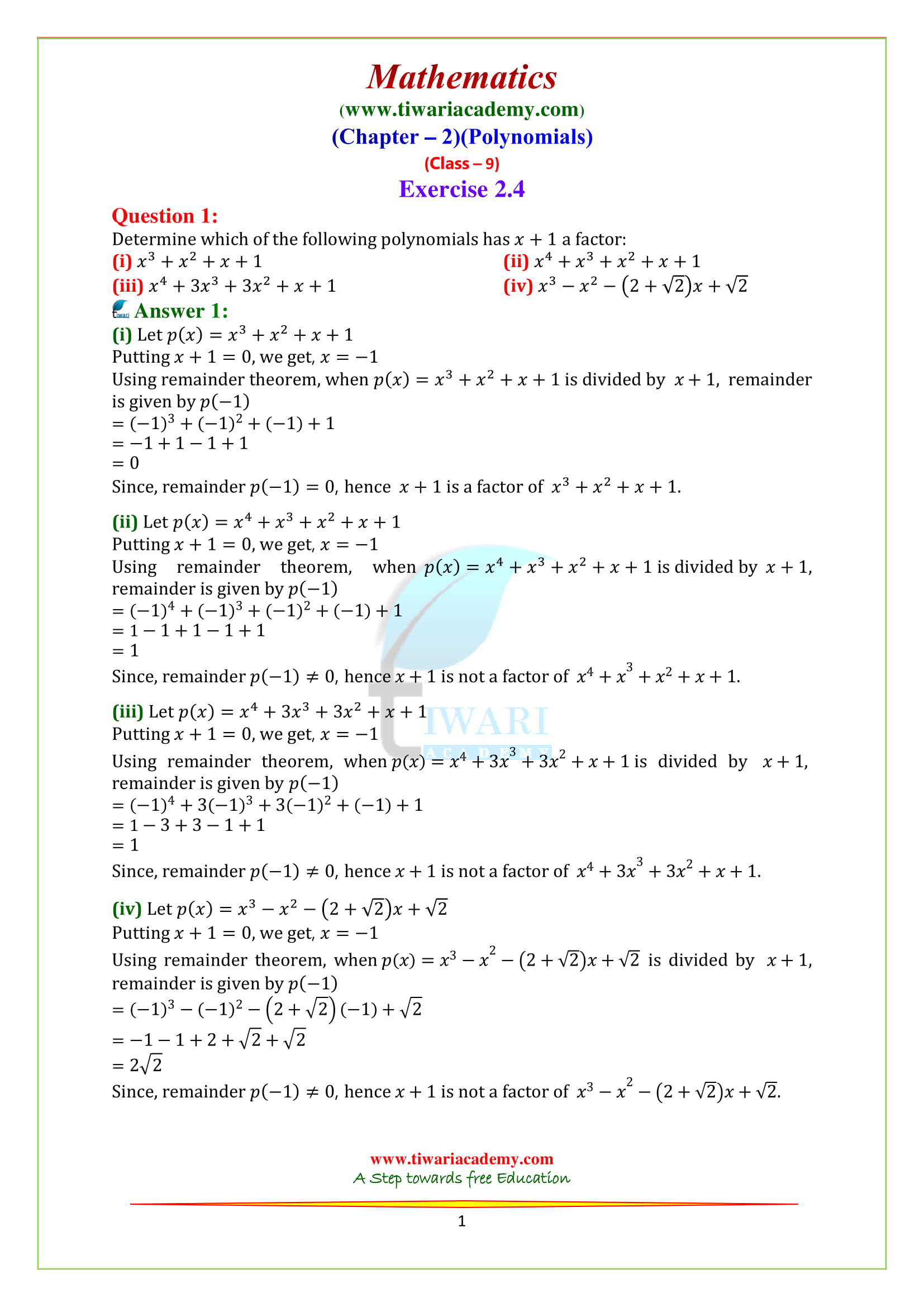 NCERT Solutions for class 9 Maths chapter 2 exercise 2.4 Polynomials