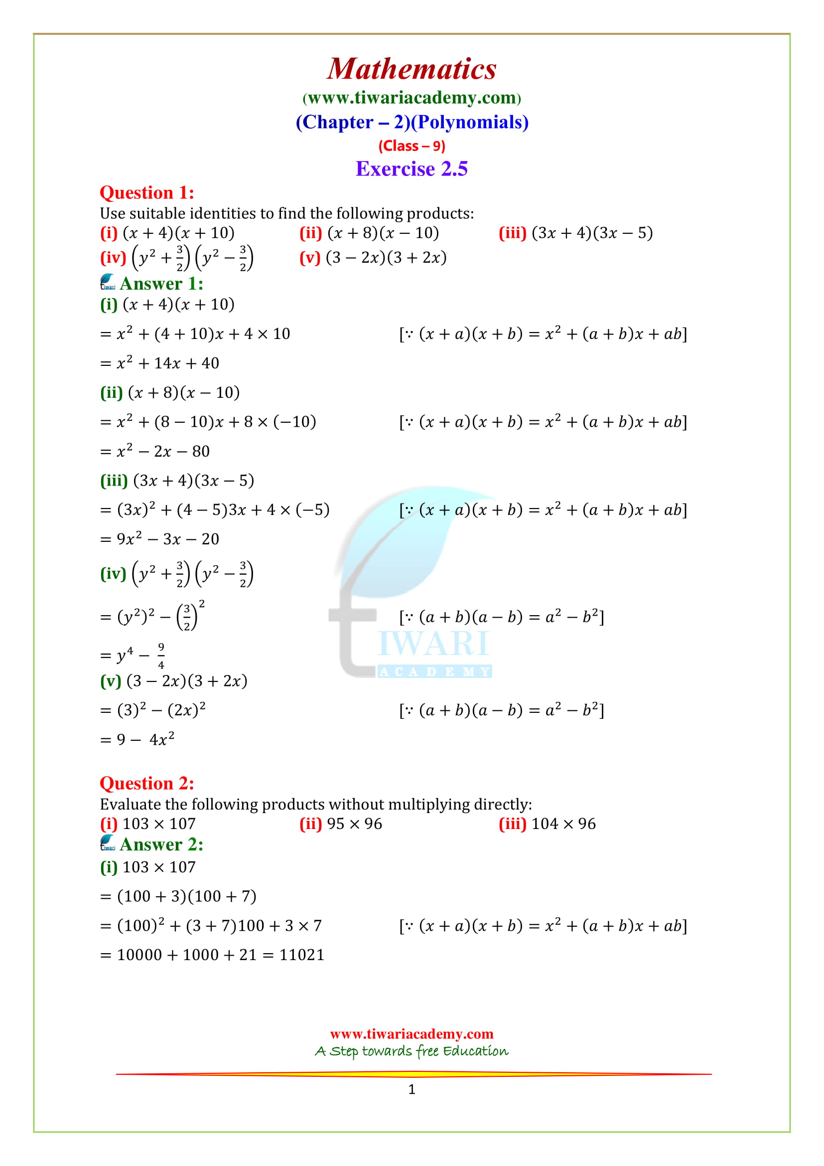 NCERT Solutions for class 9 Maths chapter 2 exercise 2.5 Polynomials