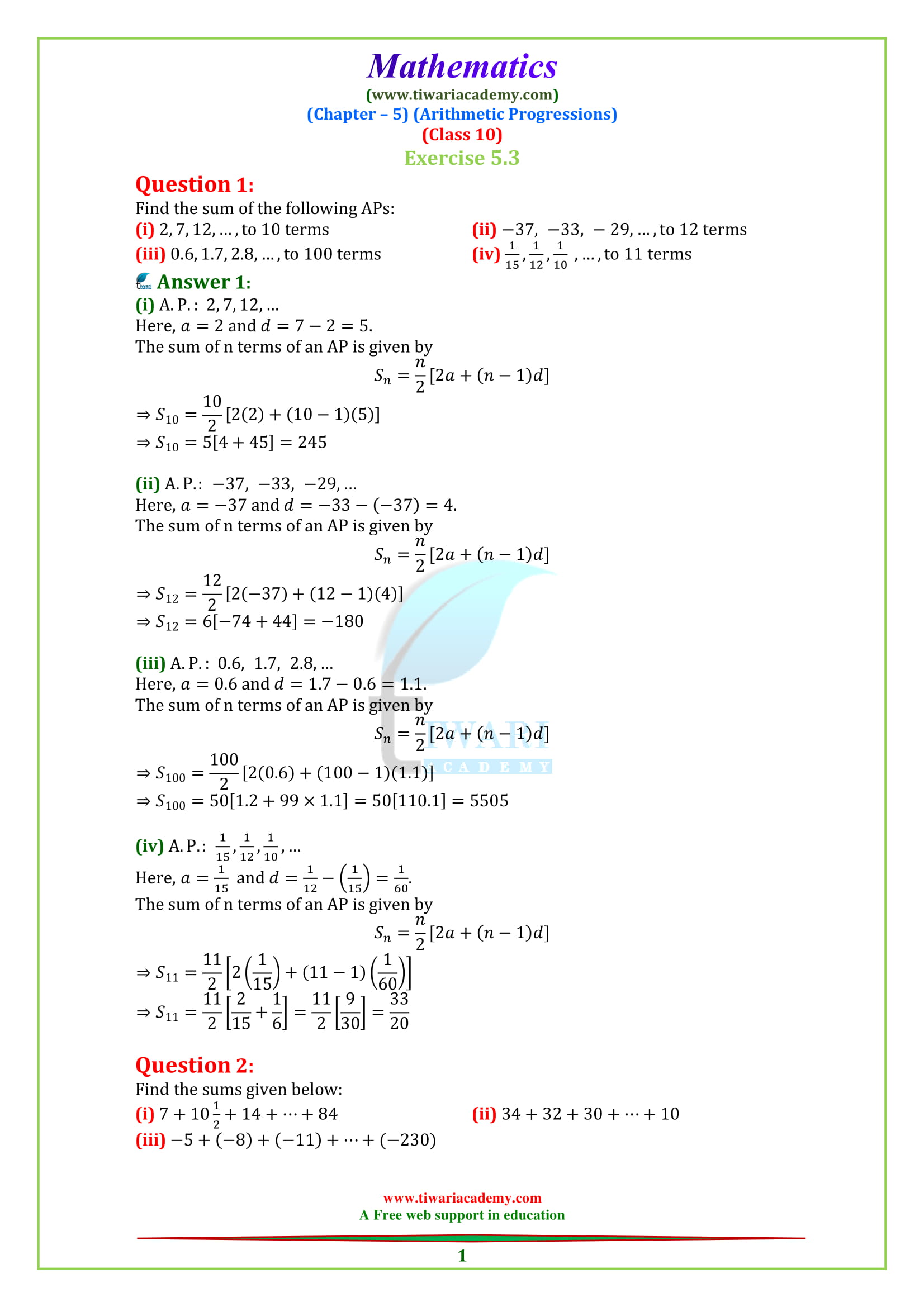 NCERT Solutions for class 10 Maths Chapter 5 Exercise 5.3