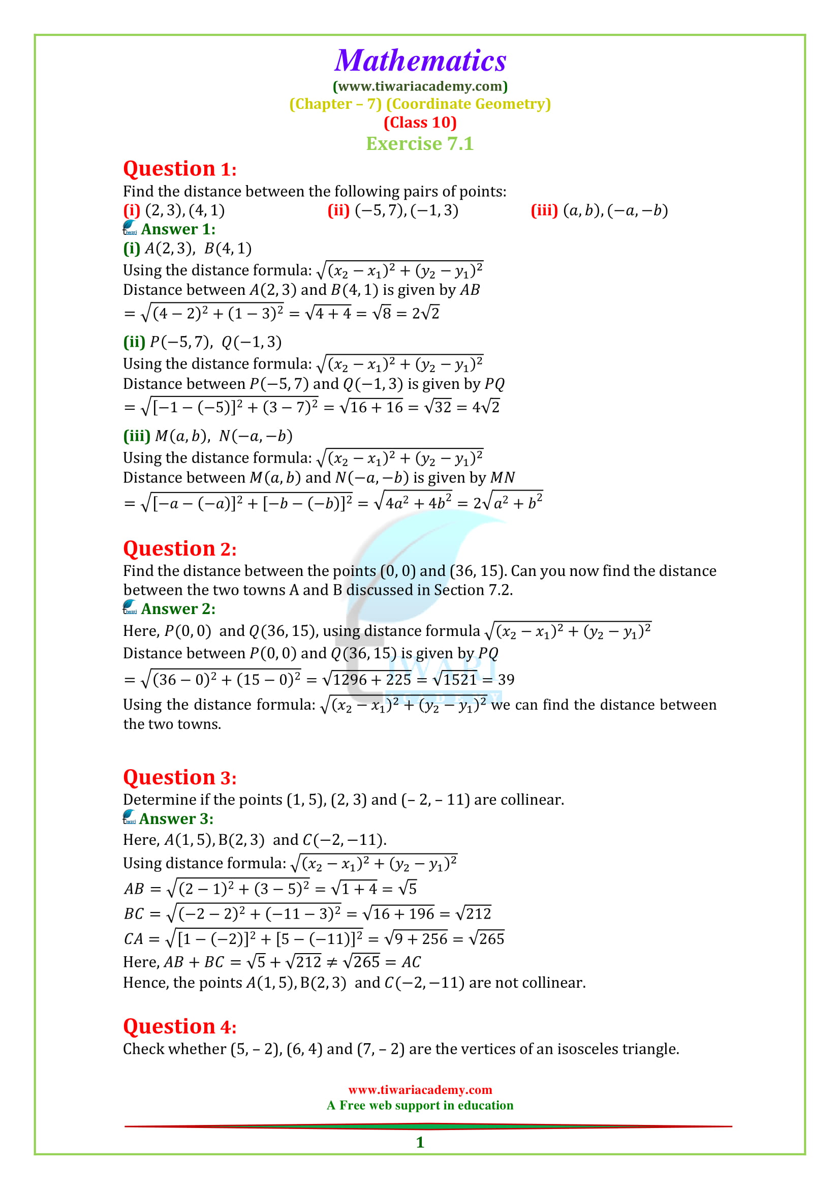 NCERT Solutions for Class 10 Maths Chapter 7 Exercise 7.1 Coordinate Geometry