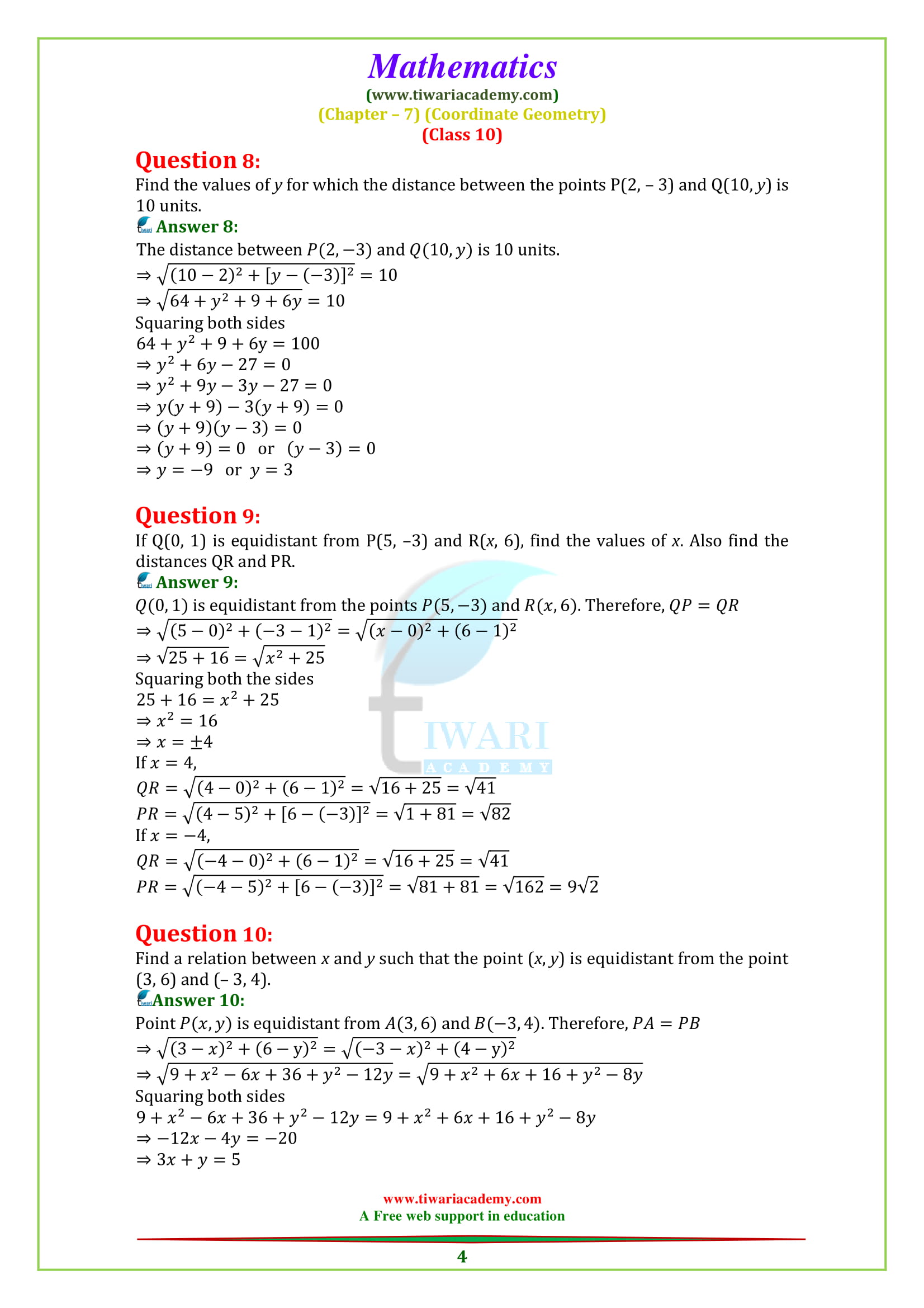 NCERT Solutions for Class 10 Maths Chapter 7 Exercise 7.1 question 1, 2, 3, 4, 5, 6, 7, 8, 9, 10.