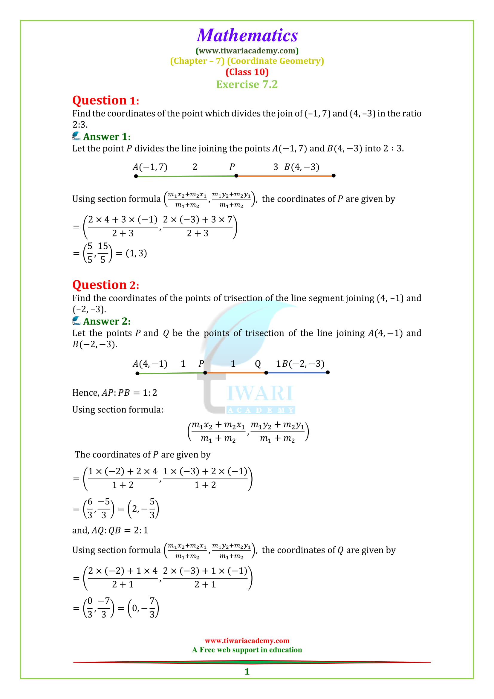 NCERT Solutions for Class 10 Maths Chapter 7 Exercise 7.2 Coordinate geometry