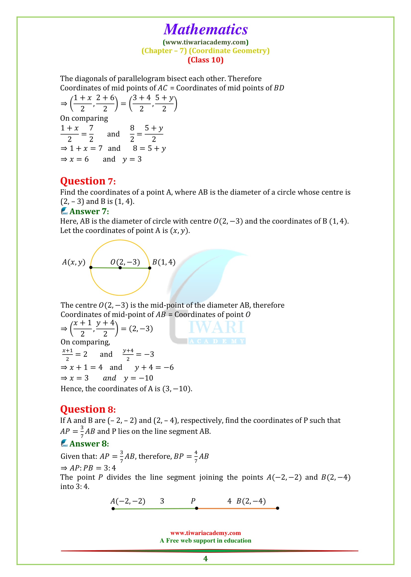 NCERT Solutions for Class 10 Maths Chapter 7 Exercise 7.2 Coordinates in PDF free