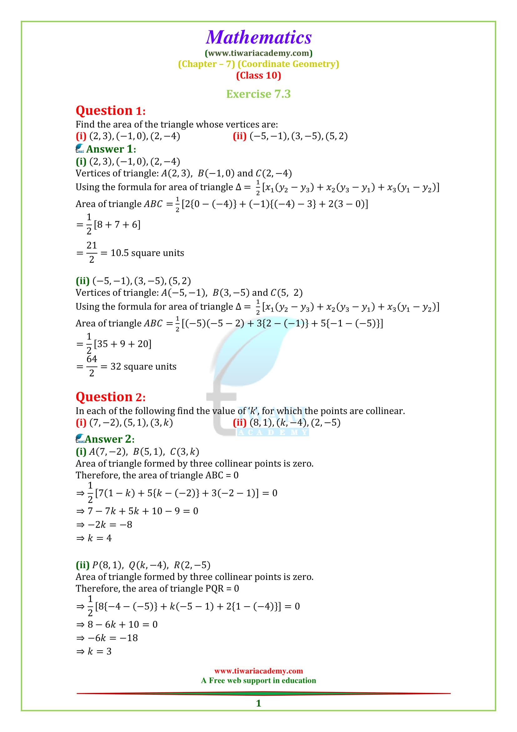 NCERT Solutions for Class 10 Maths Chapter 7 Exercise 7.3 Coordinate Geometry