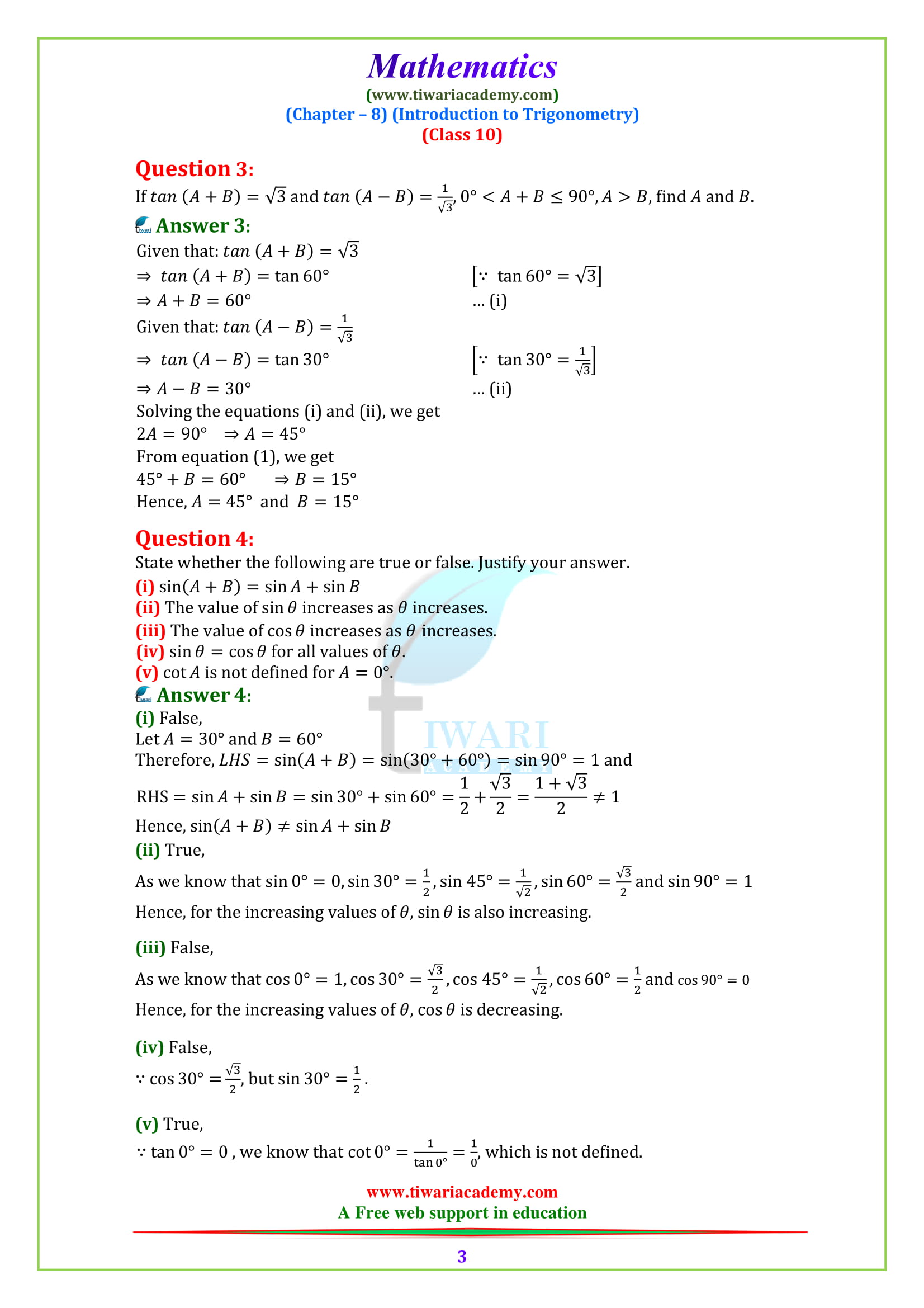 NCERT Solutions for class 10 Maths Chapter 8 Exercise 8.2 Introduction to Trigonometry in English PDF