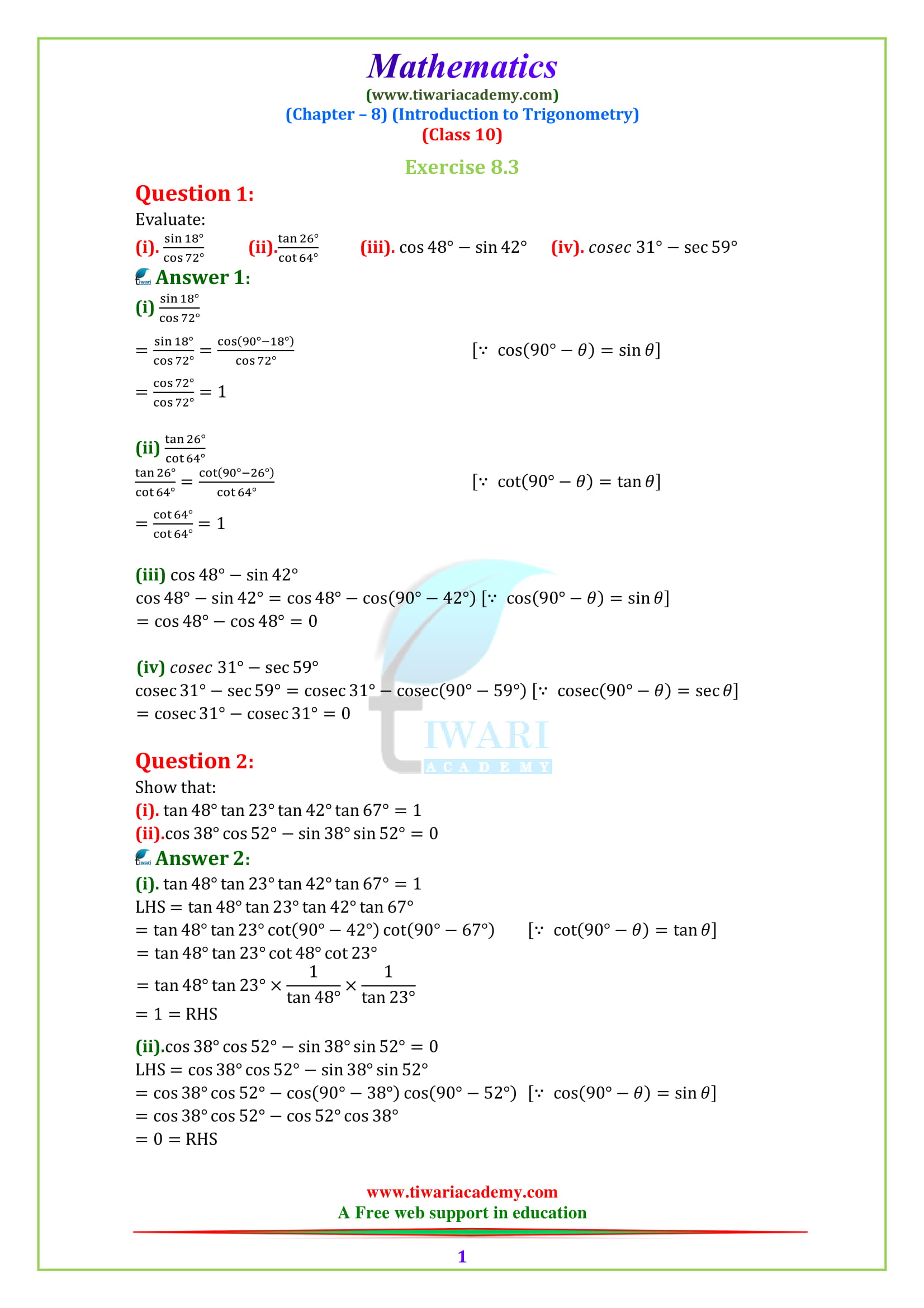 NCERT Solutions for class 10 Maths Chapter 8 Exercise 8.3 Introduction to Trigonometry