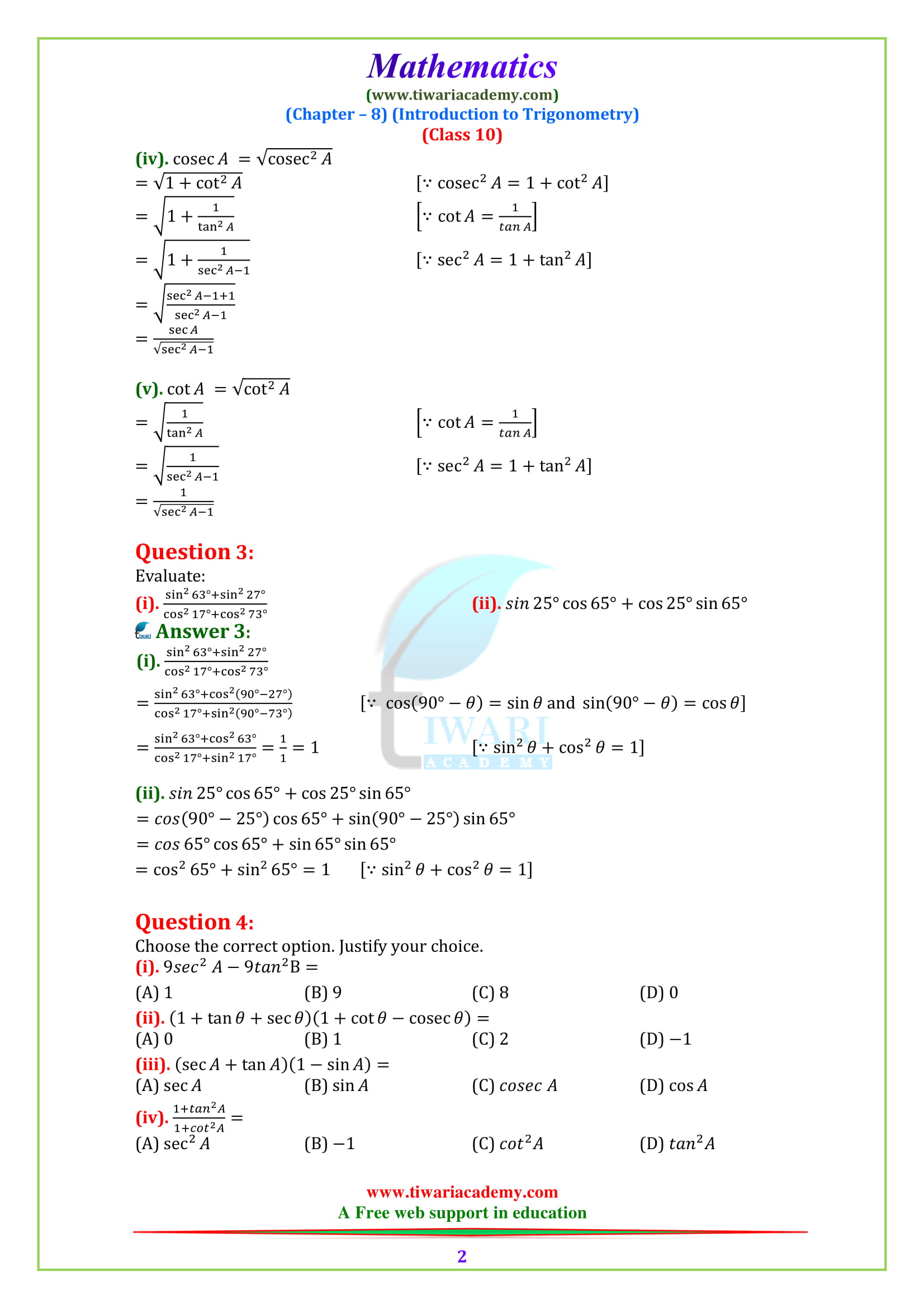 NCERT Solutions for class 10 Maths Chapter 8 Exercise 8.4 Question 1 & 2