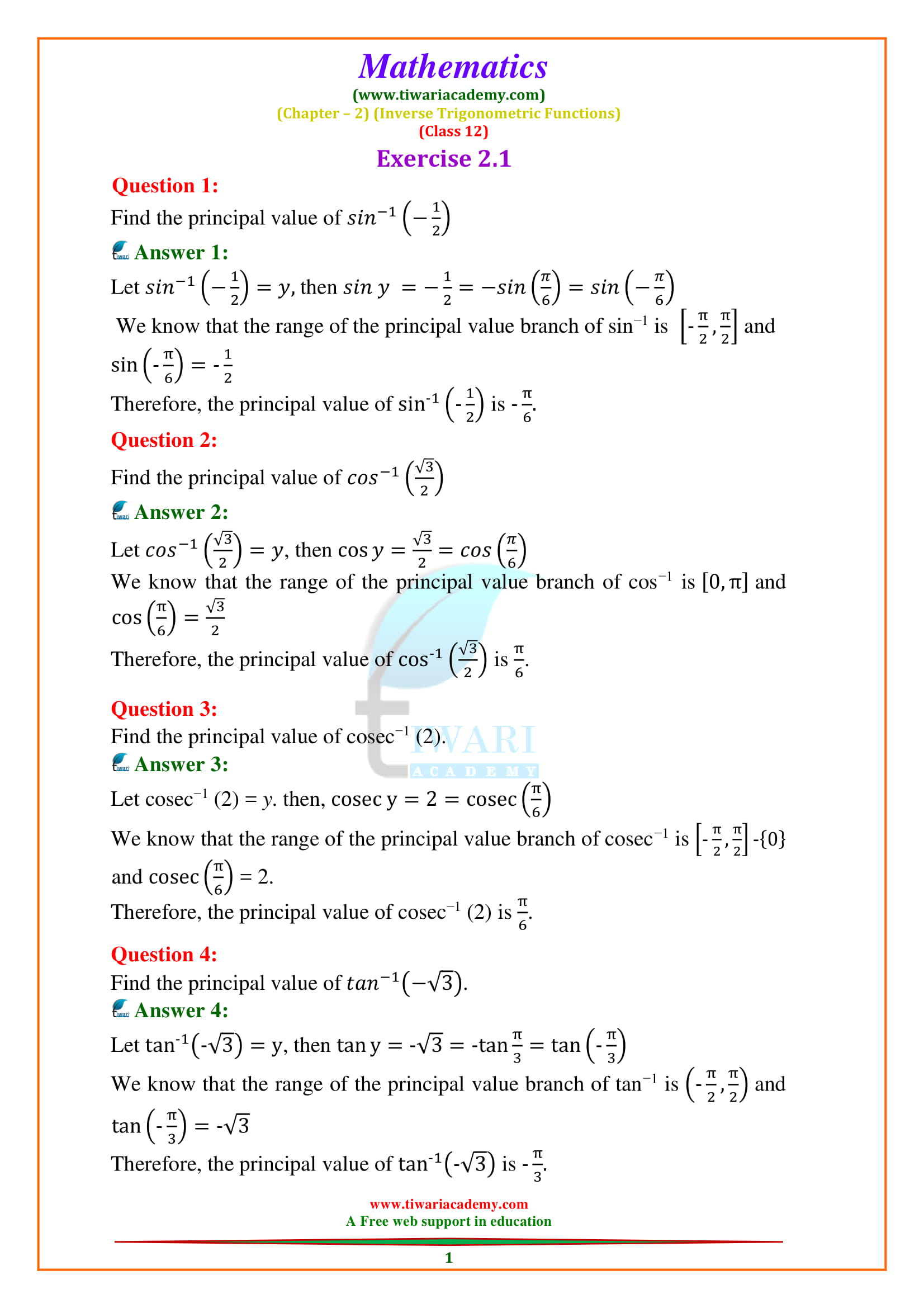 NCERT Solutions for Class 12 Maths Chapter 2 Exercise 2.1 Inverse Trigonometric Functions