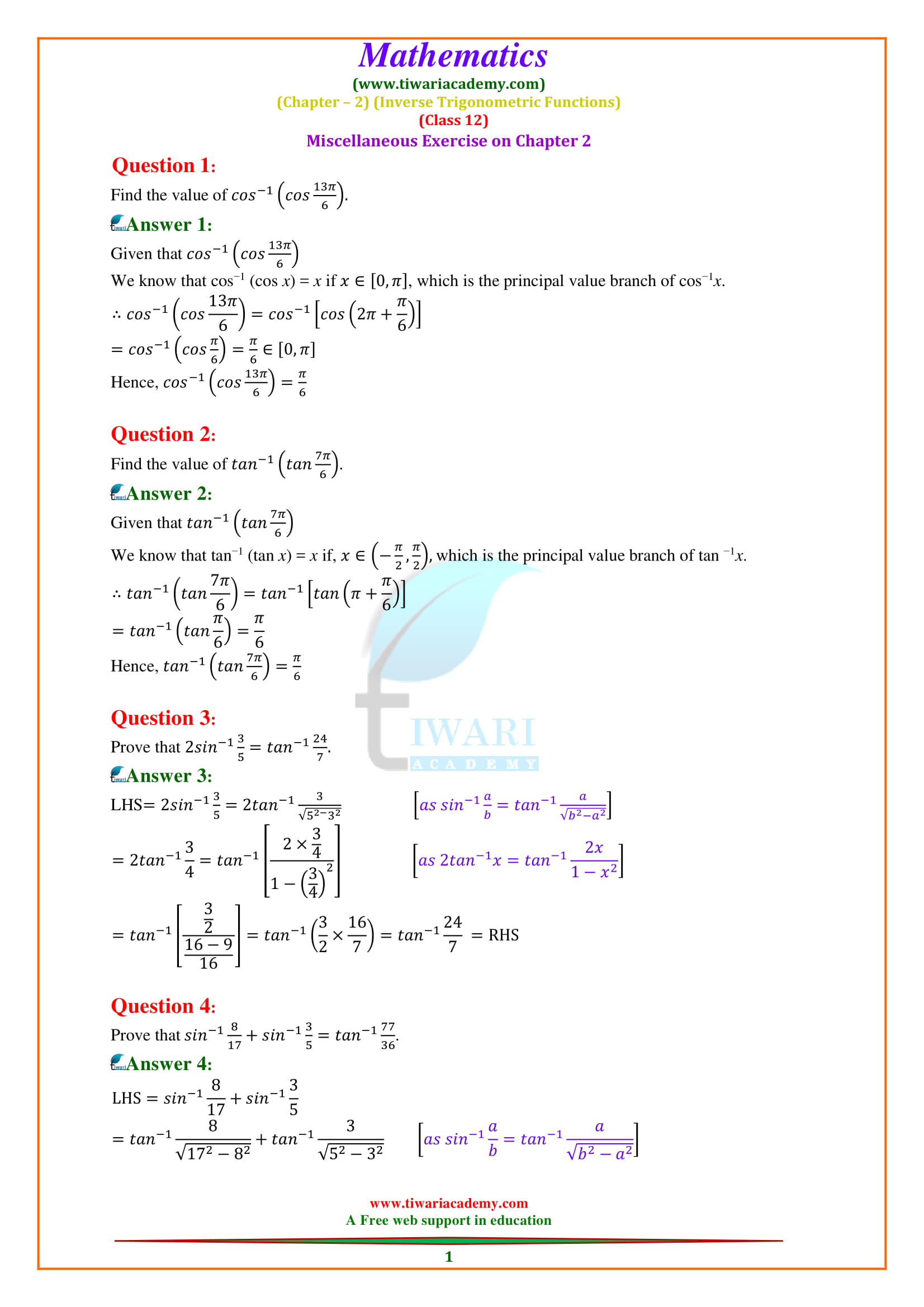 Class 12 Maths Chapter 2 Miscellaneous Exercise 2 Inverse Trigonometric Functions