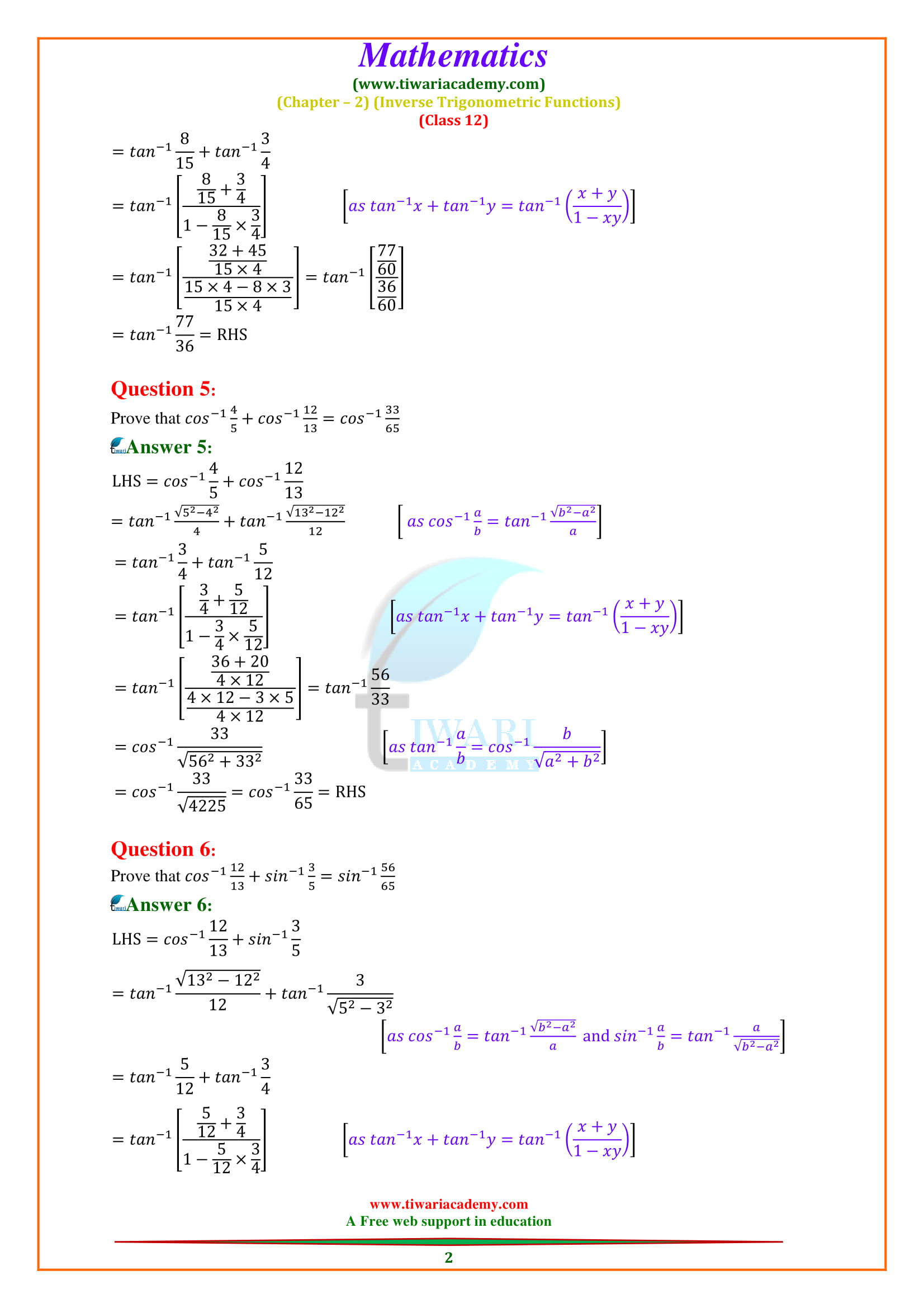 Class 12 Maths Chapter 2 Miscellaneous Exercise 2 Inverse Trigonometric Functions in English medium PDF