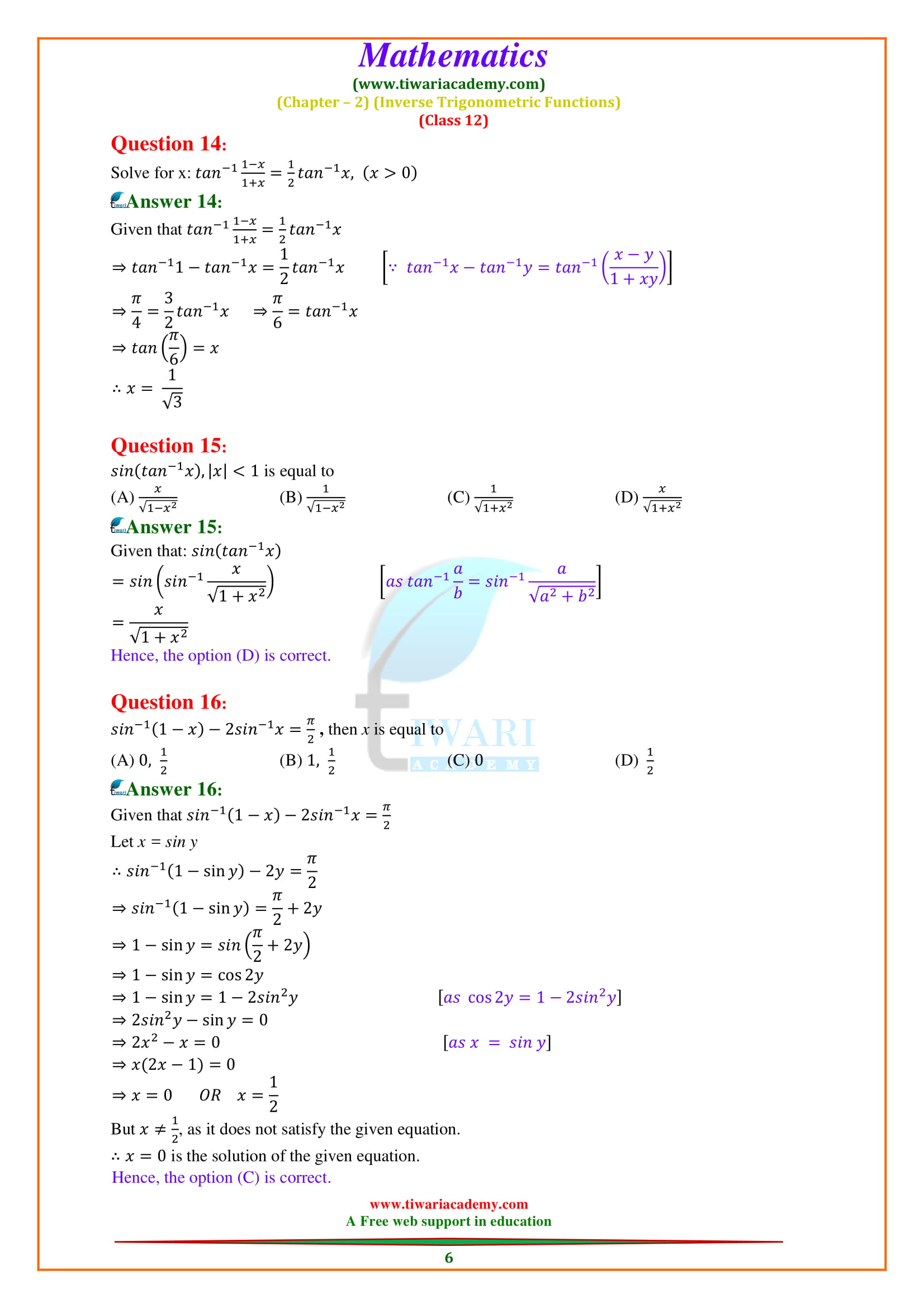 12 Maths Miscellaneous Exercise 2 Solutions updated for 2018-19