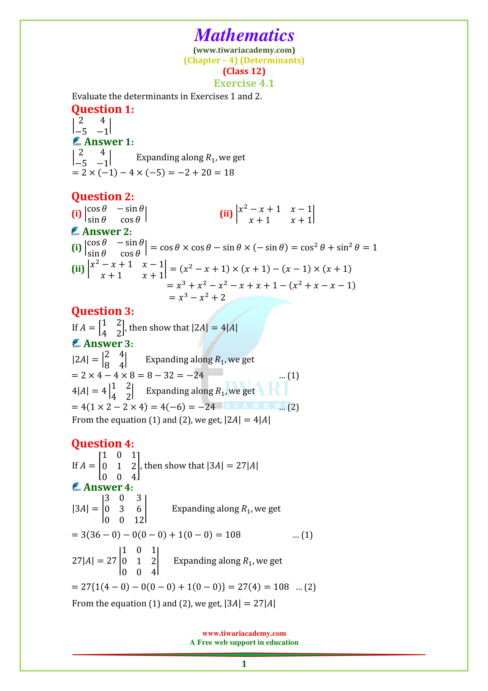 NCERT Solutions for Class 12 Maths Chapter 4 Exercise 4.1 Determinants