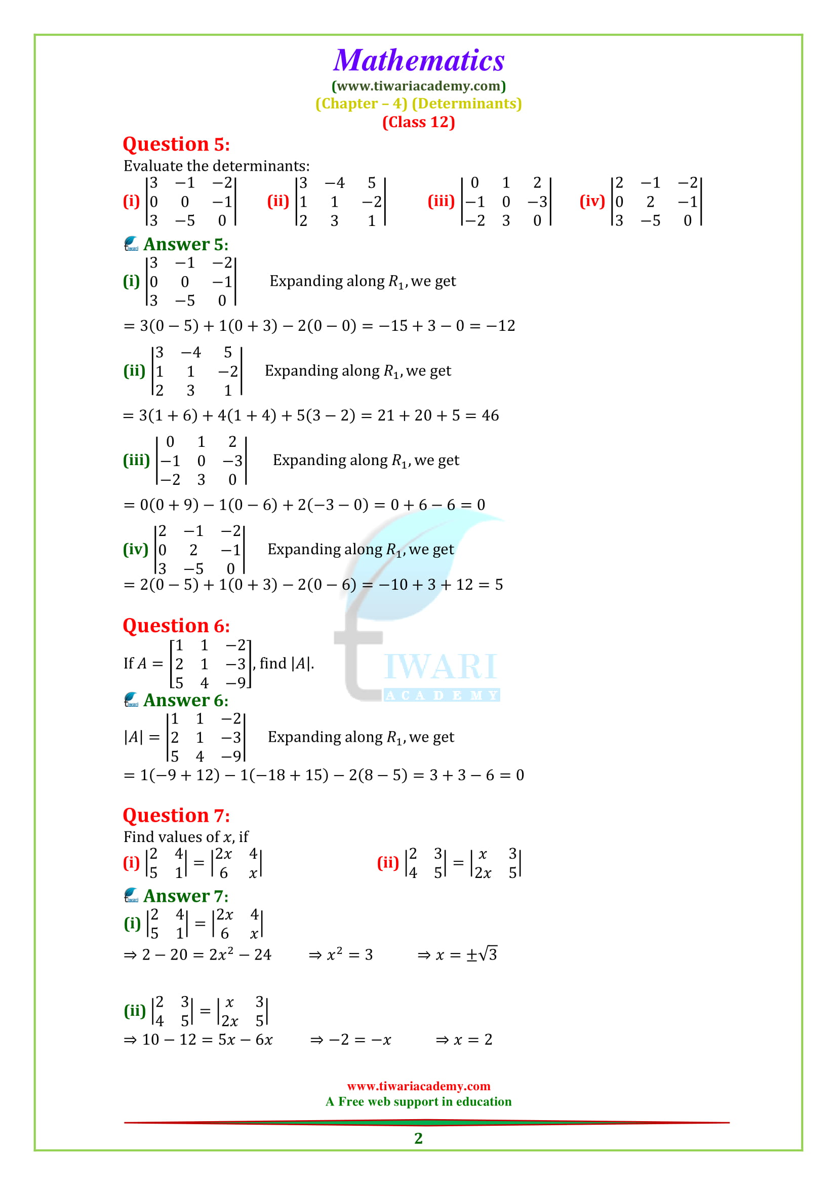 NCERT Solutions for Class 12 Maths Chapter 4 Exercise 4.1 Determinants in PDF