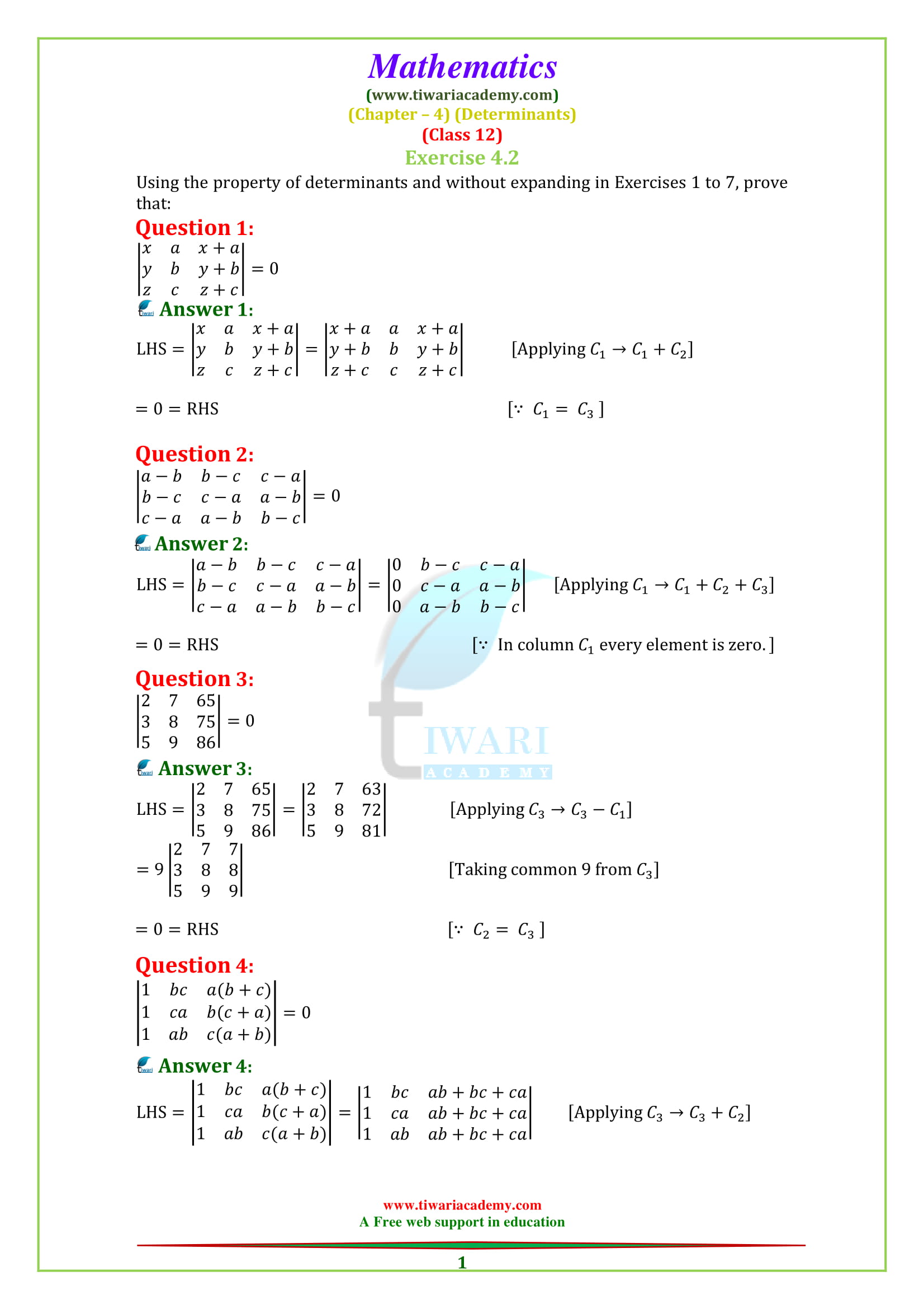 NCERT Solutions for Class 12 Maths Chapter 4 Exercise 4.2 Determinants