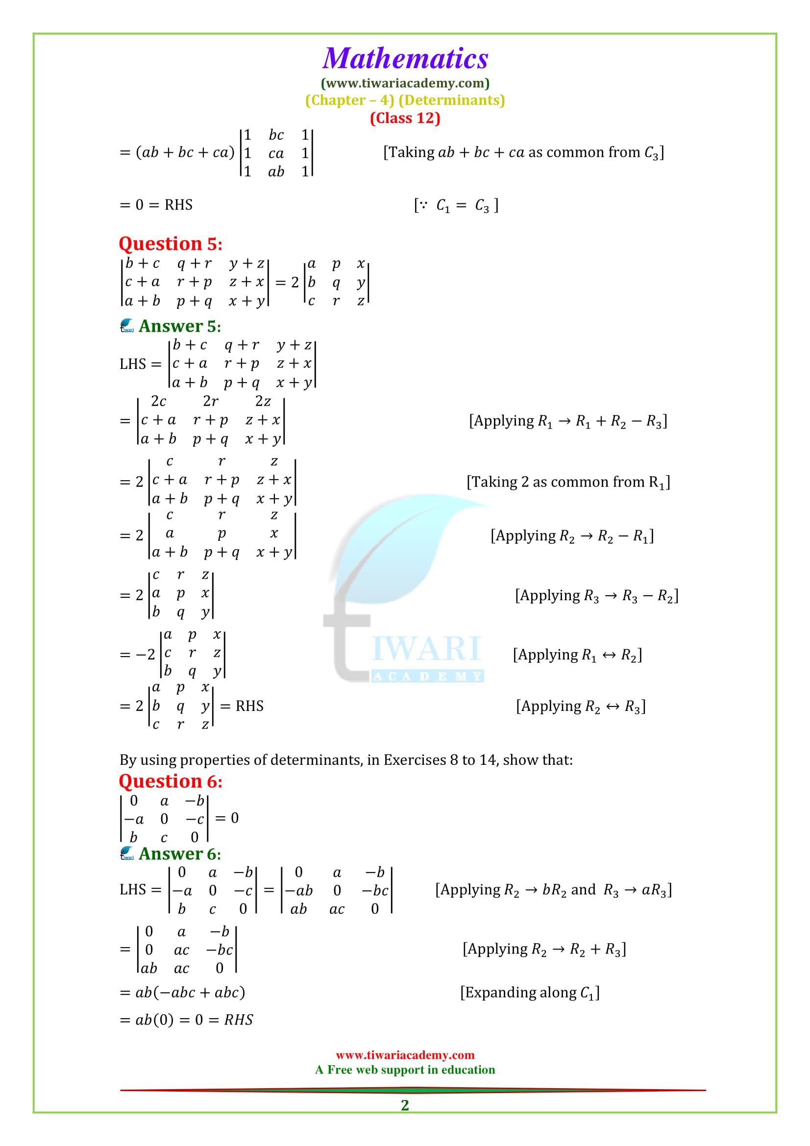 NCERT Solutions for Class 12 Maths Chapter 4 Exercise 4.2 Determinants in English Medium PDF
