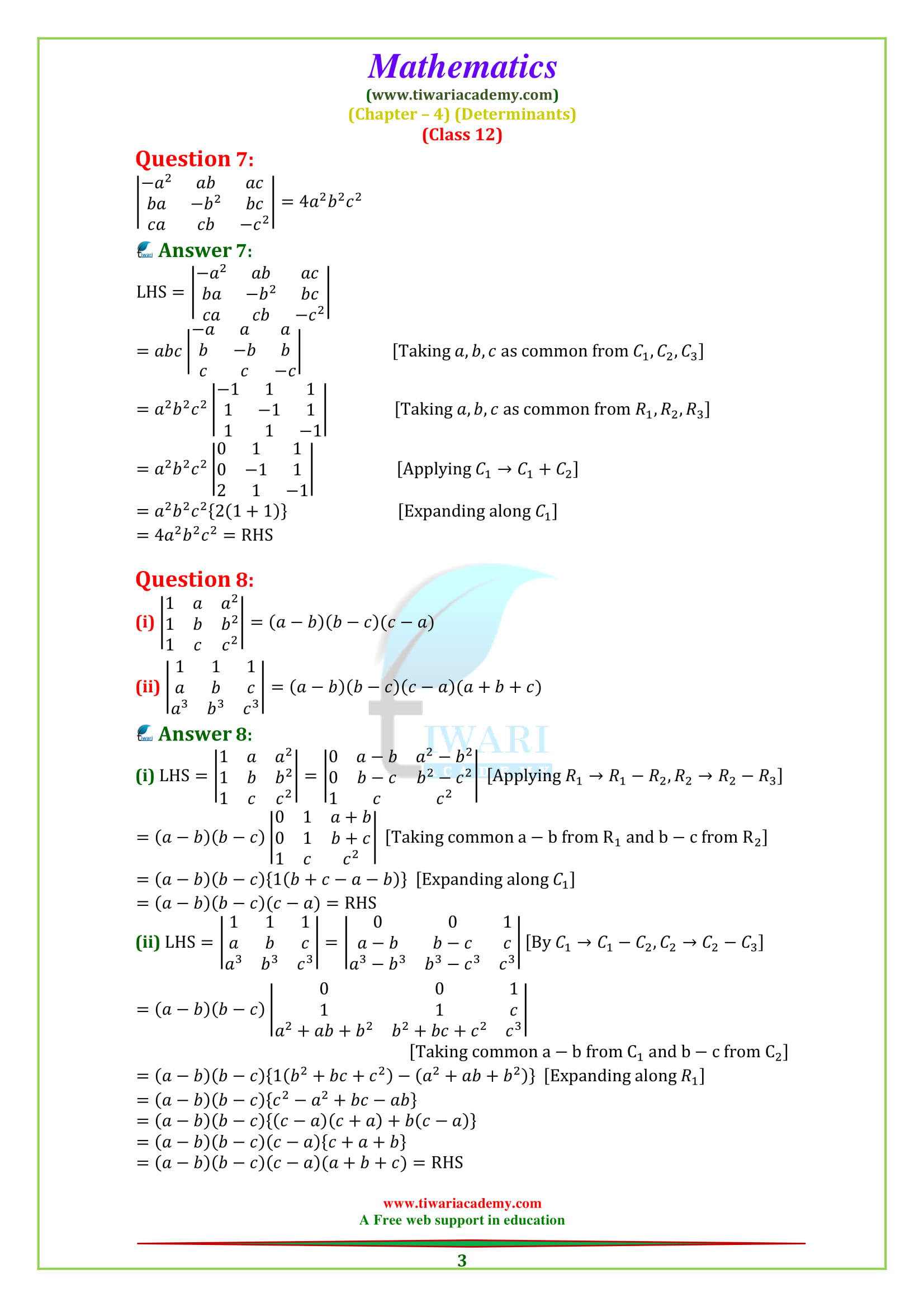 NCERT Solutions for Class 12 Maths Chapter 4 Exercise 4.2 Determinants Properties