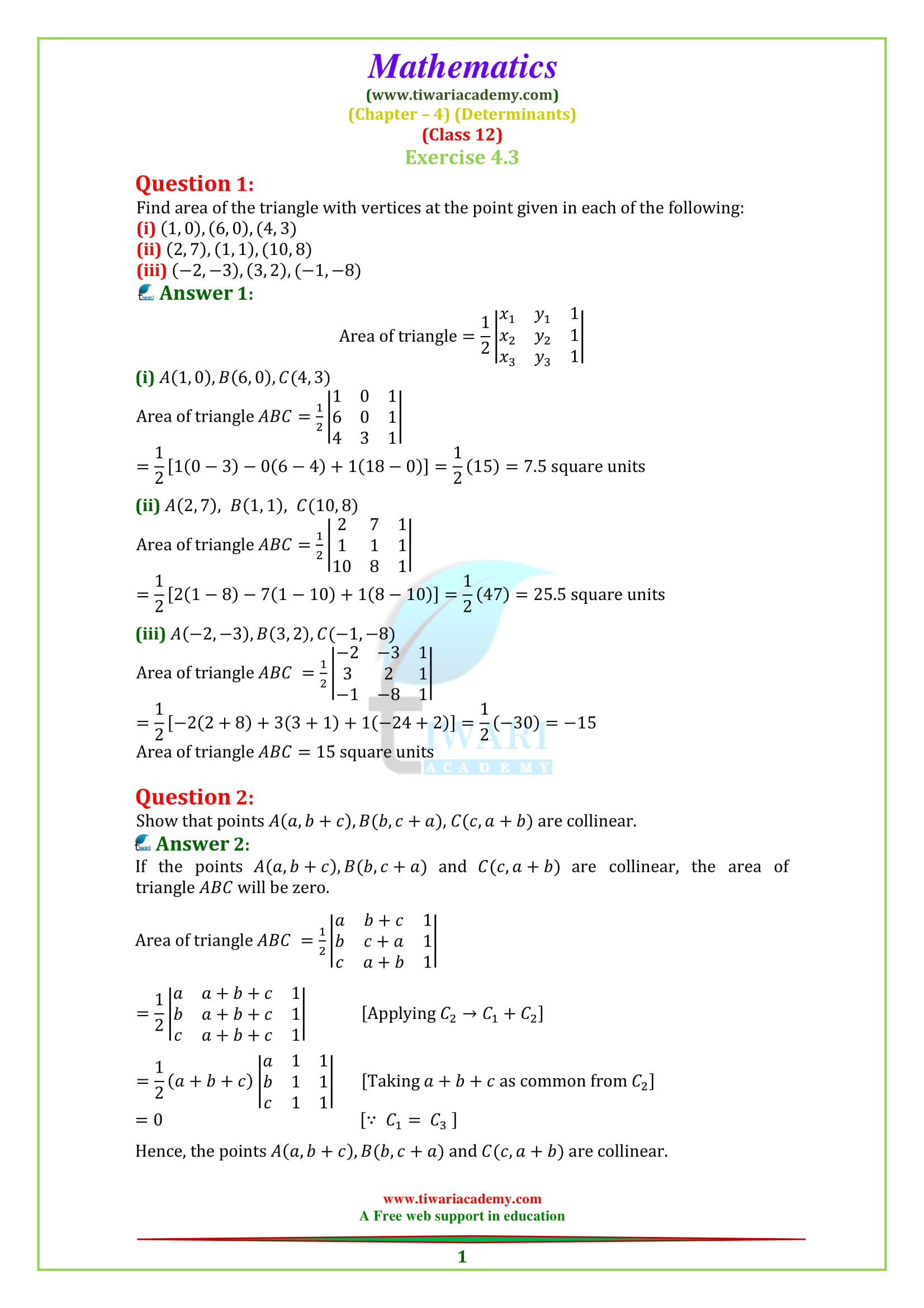 NCERT Solutions for Class 12 Maths Chapter 4 Exercise 4.3 Determinants