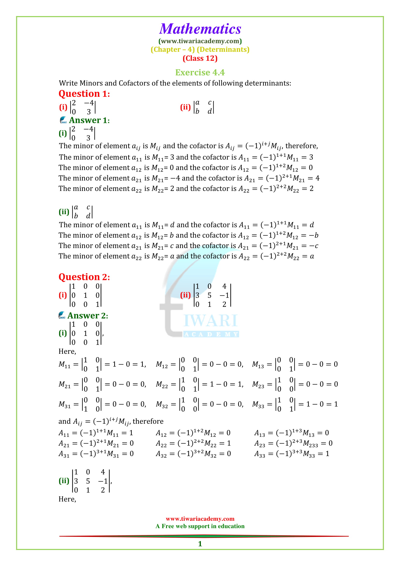 NCERT Solutions for Class 12 Maths Chapter 4 Exercise 4.4 Determinants